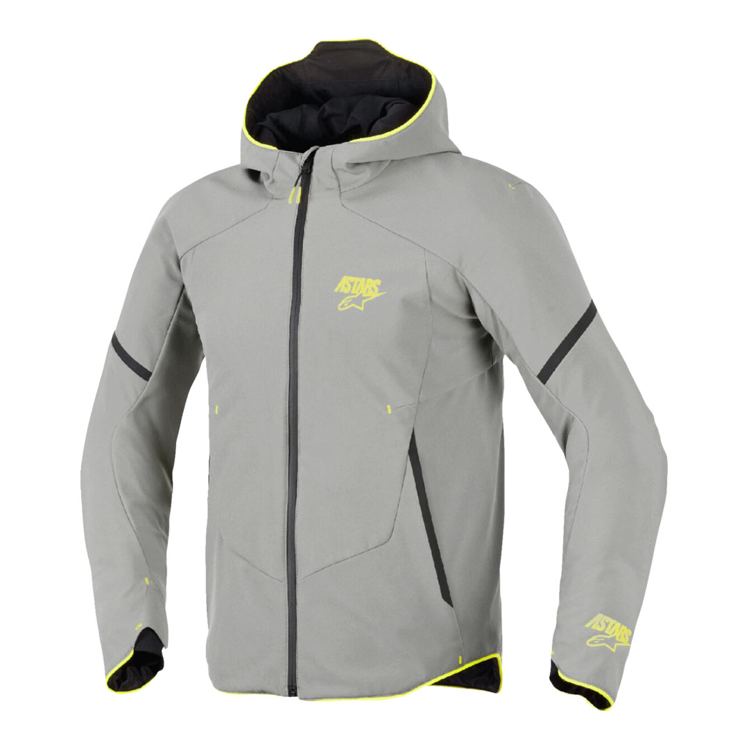 Alpinestars Aeroshell WP moška motoristična jakna siva – sprednji pogled s kapuco