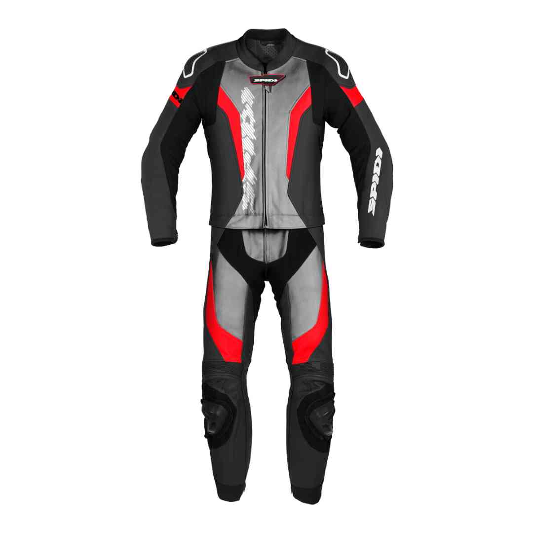 SPIDI dvodelni motoristični kombinezon črno-sivo-rdeč – sprednji pogled