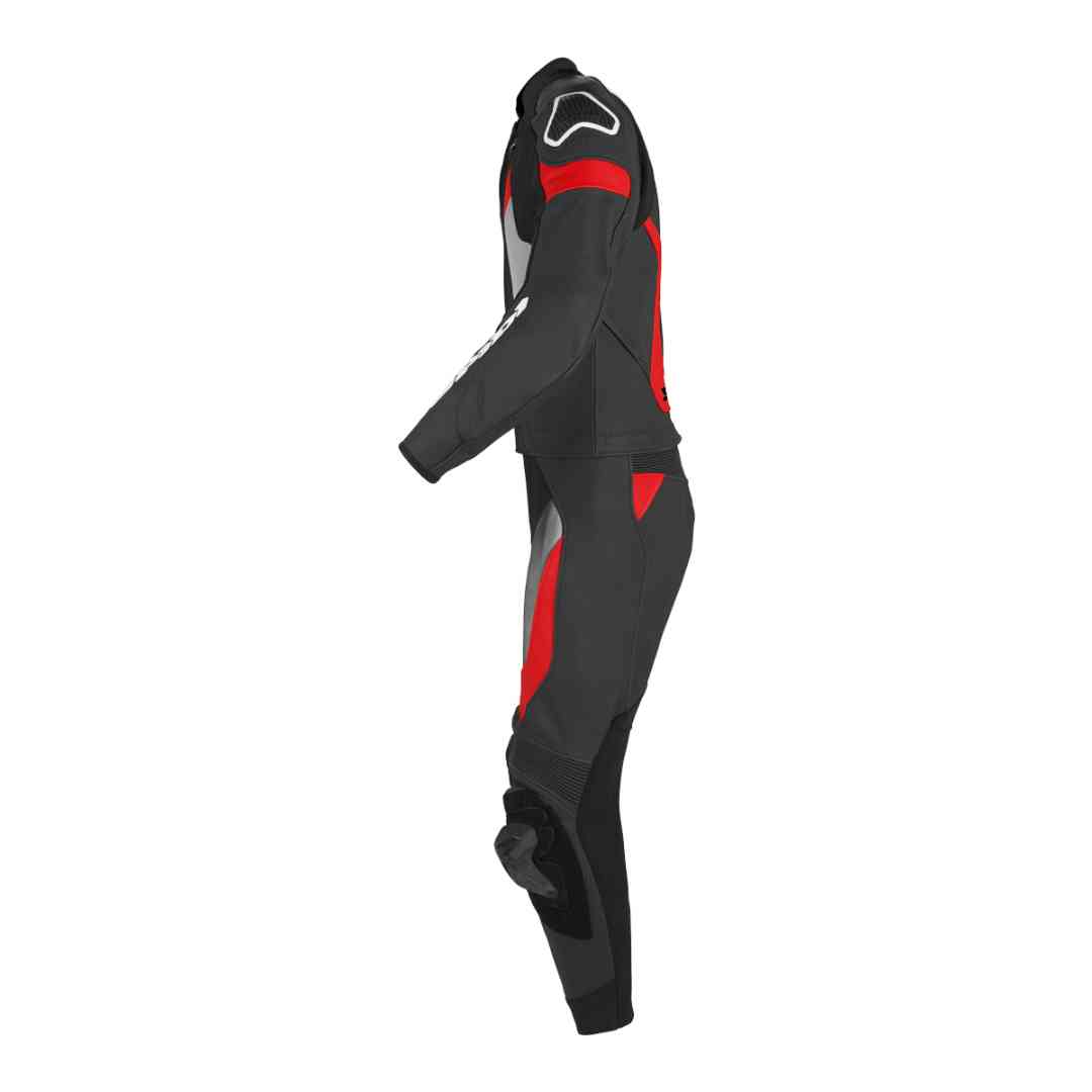 SPIDI dvodelni motoristični kombinezon črno-sivo-rdeč – stranski pogled