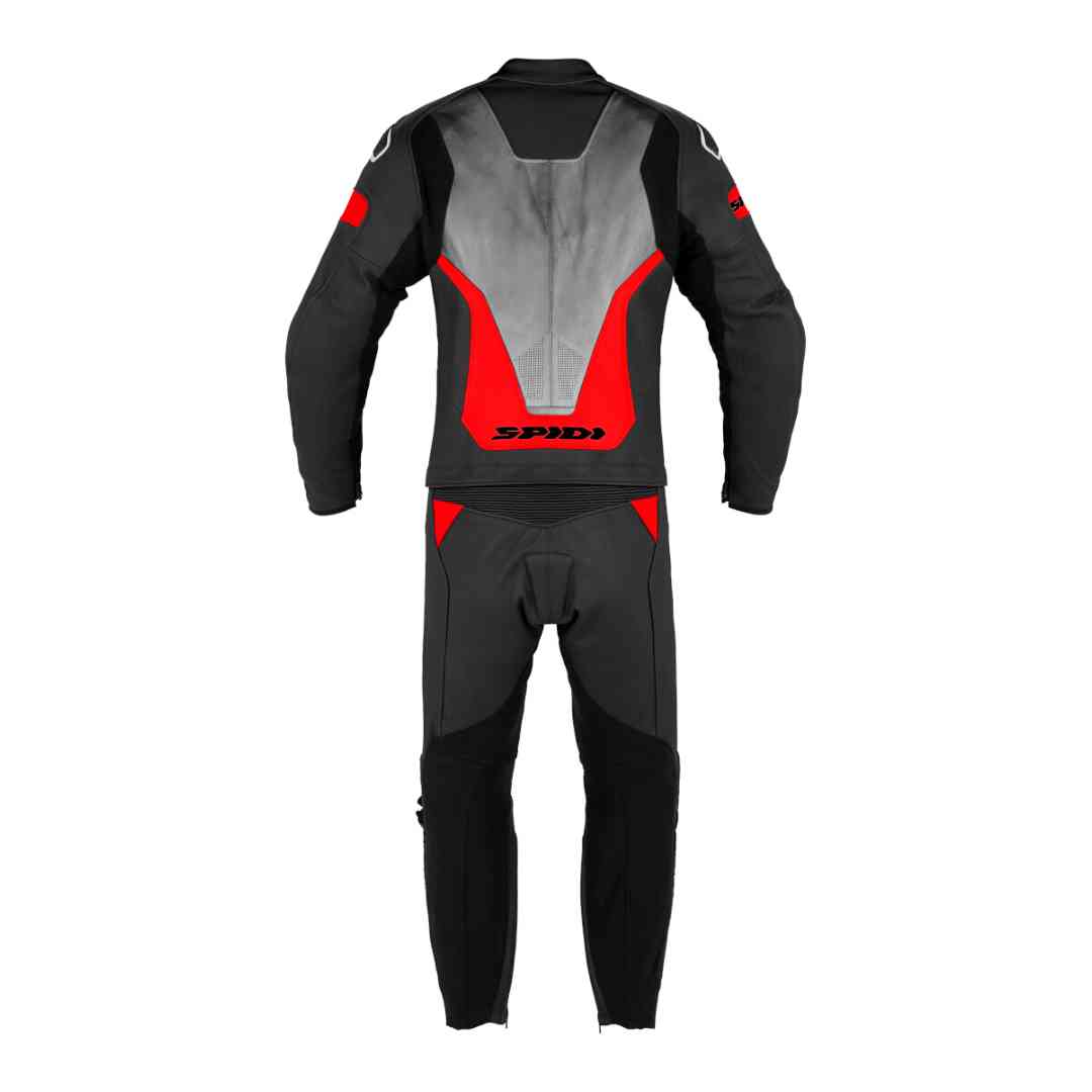 SPIDI dvodelni motoristični kombinezon črno-sivo-rdeč – zadnji pogled