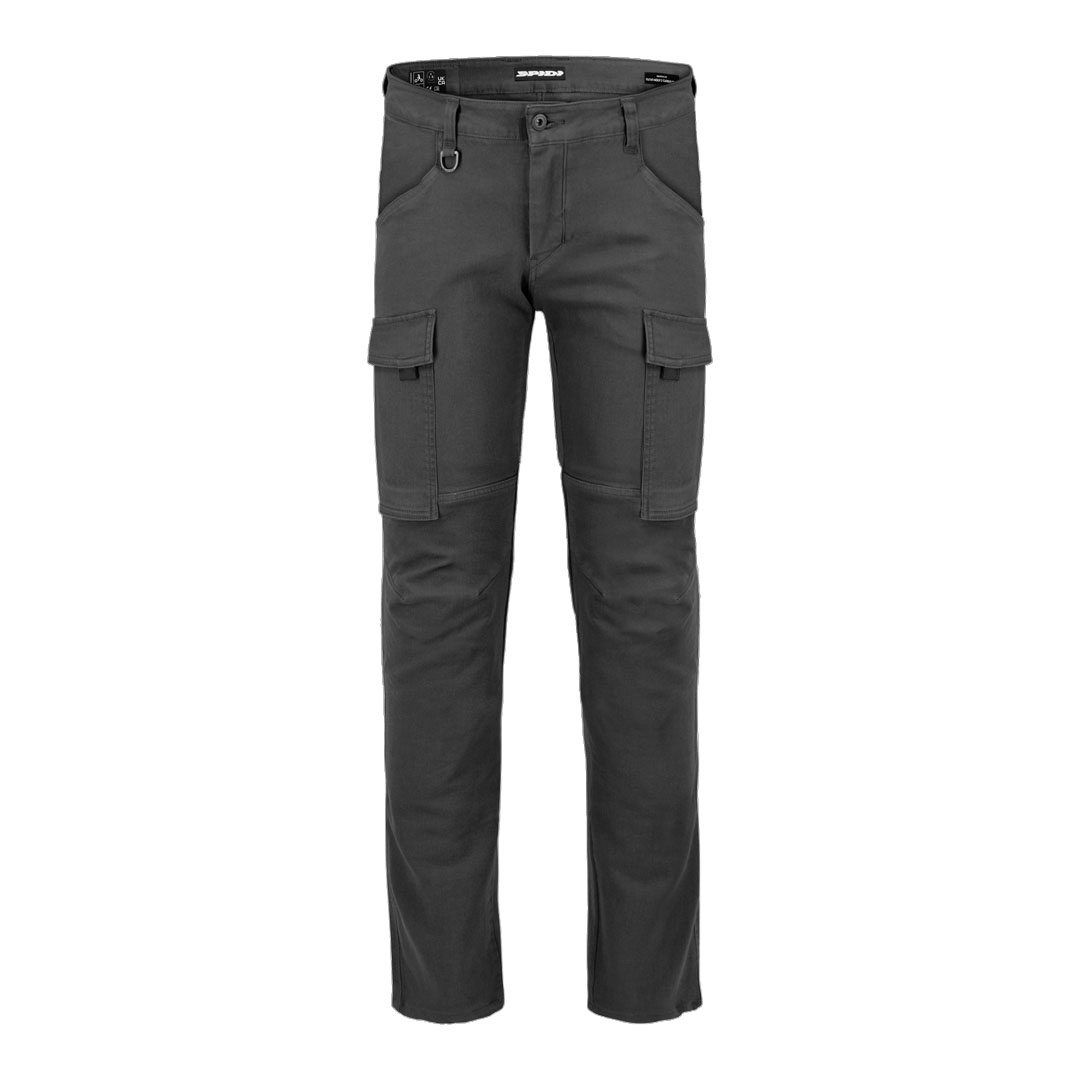 Spidi motoristične hlače, sprednji pogled, temno sive zaščitne hlače z več žepi in ojačitvami na kolenih za vožnjo z motorjem.