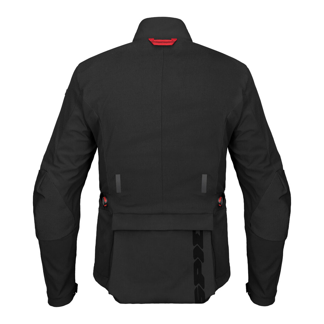 Črna Spidi motoristična jakna, pogled od zadaj, ergonomski kroj z nastavitvami v pasu in reflektivnimi detajli za boljšo vidnost.