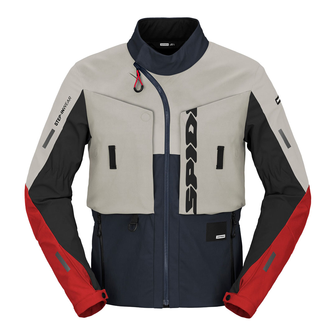 Spidi Frontier motoristična jakna T345-422, sprednji pogled, kombinacija sive, temno modre in rdeče barve z vodoodpornim materialom in reflektivnimi detajli.