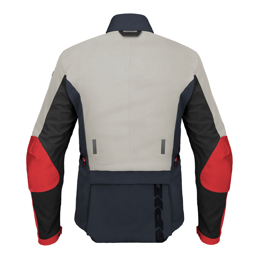 Spidi Frontier motoristična jakna T345-422, zadnji pogled, ergonomski kroj z nastavitvijo v pasu in reflektivnimi elementi za boljšo vidljivost.