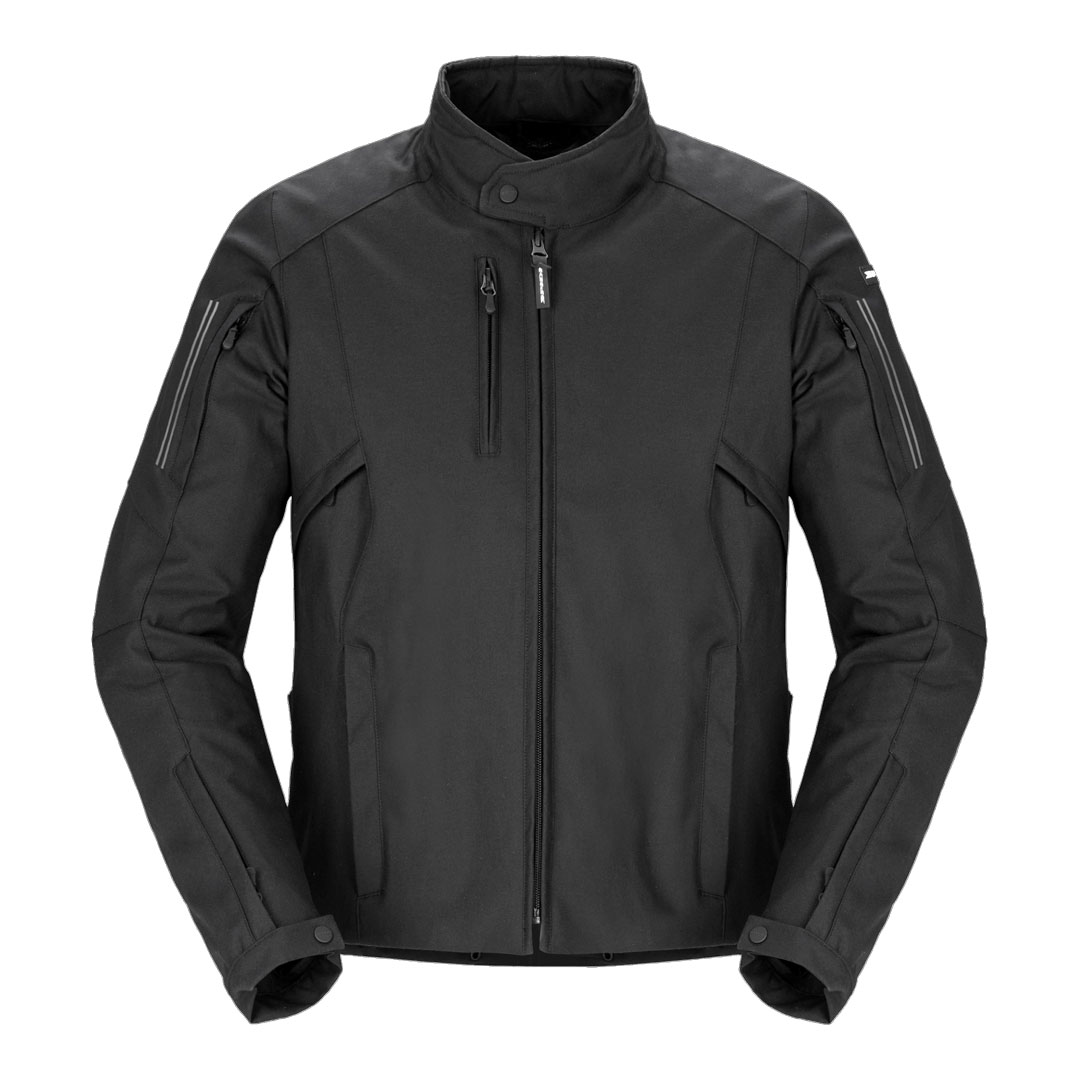 Spidi Stretch motoristična jakna T364-026, sprednji pogled, črna tekstilna jakna s športnim krojem, zračniki in reflektivnimi detajli na rokavih.