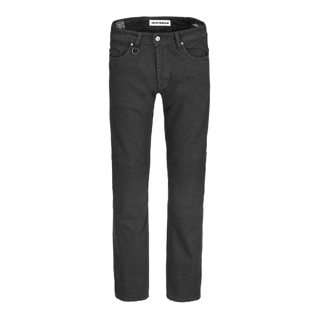 Spidi motociklističke jeans hlače, pogled sprijeda, crne zaštitne hlače u stilu traperica za vožnju motocikla.
