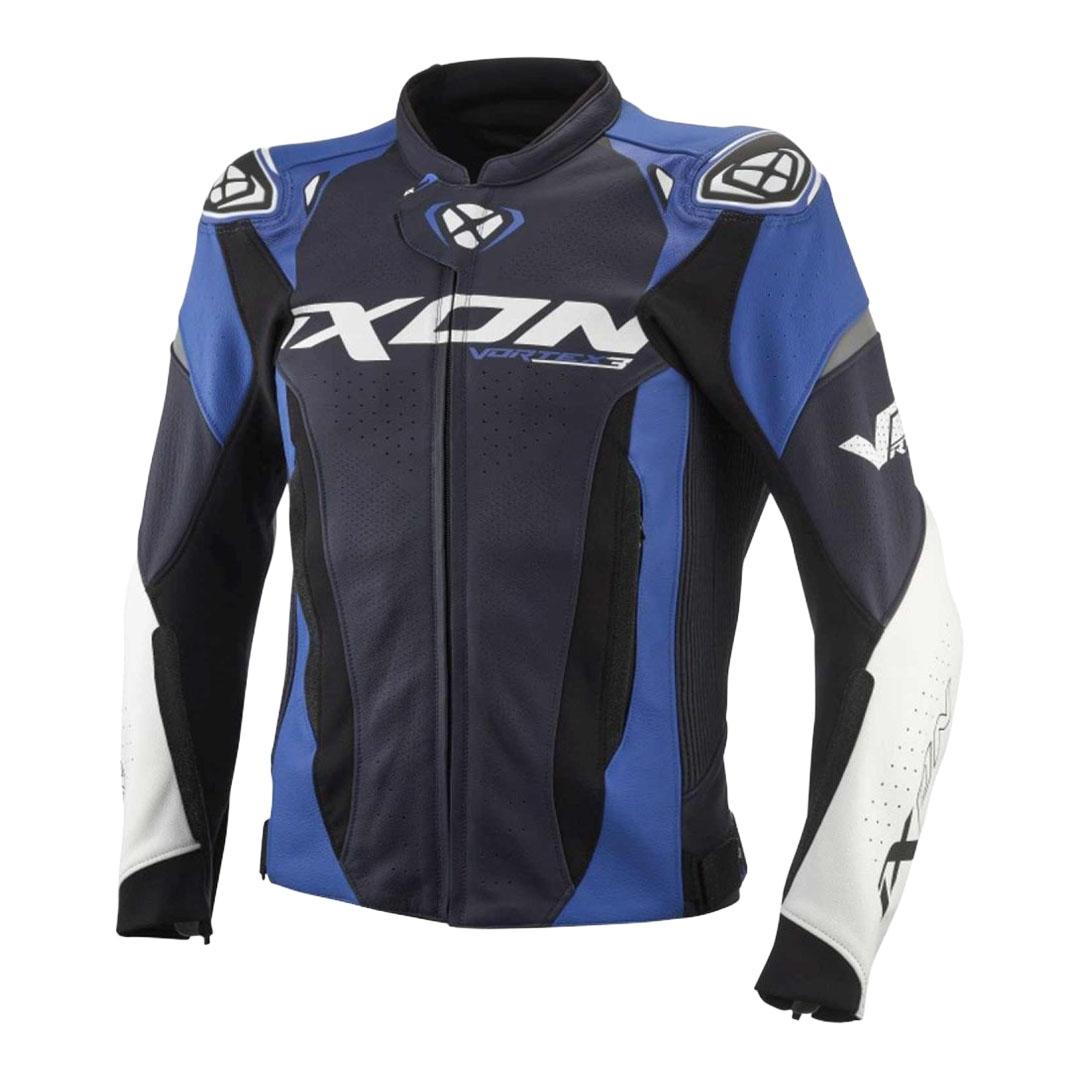 Ixon Vortex 3 kožna motociklistička jakna crno-bijela s crvenim rukavima, sportska trkaća jakna – prednji pogled.