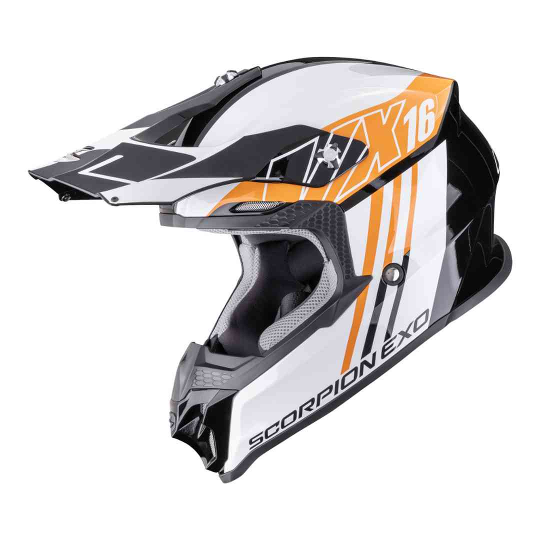 Scorpion VX-16 Evo Air Lignes kros čelada črno bela oranžna pogled s strani