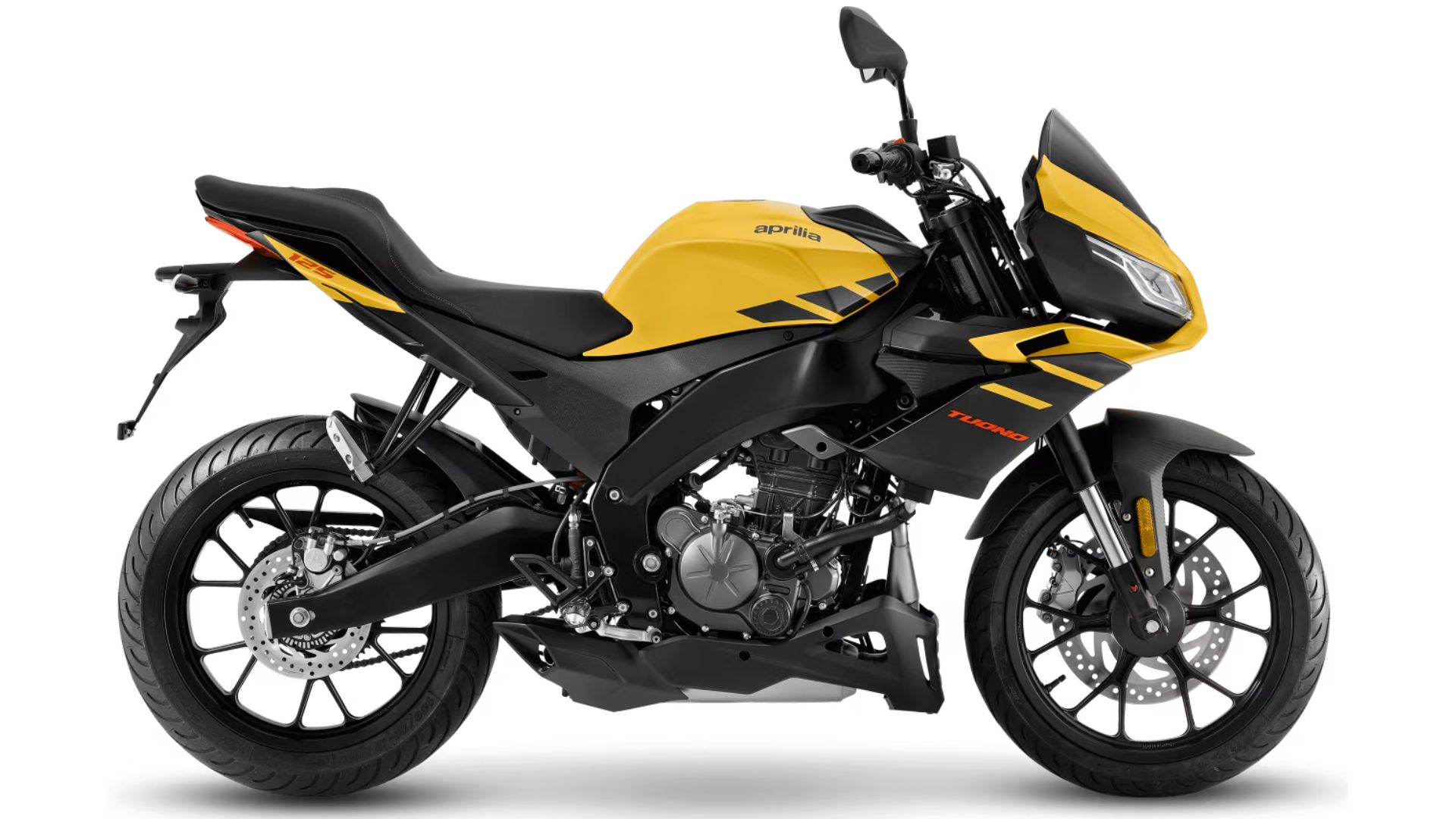 Aprilia Tuono 125 rumeni športni motocikel – stranski pogled na motocikel z agresivnim dizajnom in LED žarometom