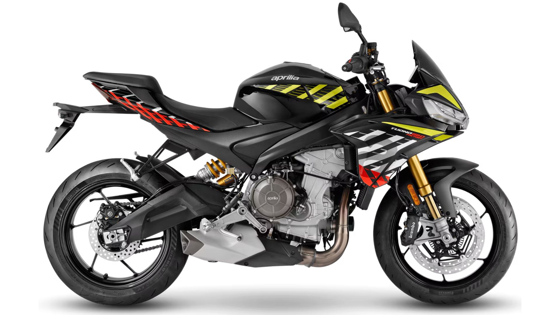 Aprilia Tuono 660 Factory športni motocikel v črni barvi – stranski pogled na zmogljiv naked motocikel z Öhlins vzmetenjem