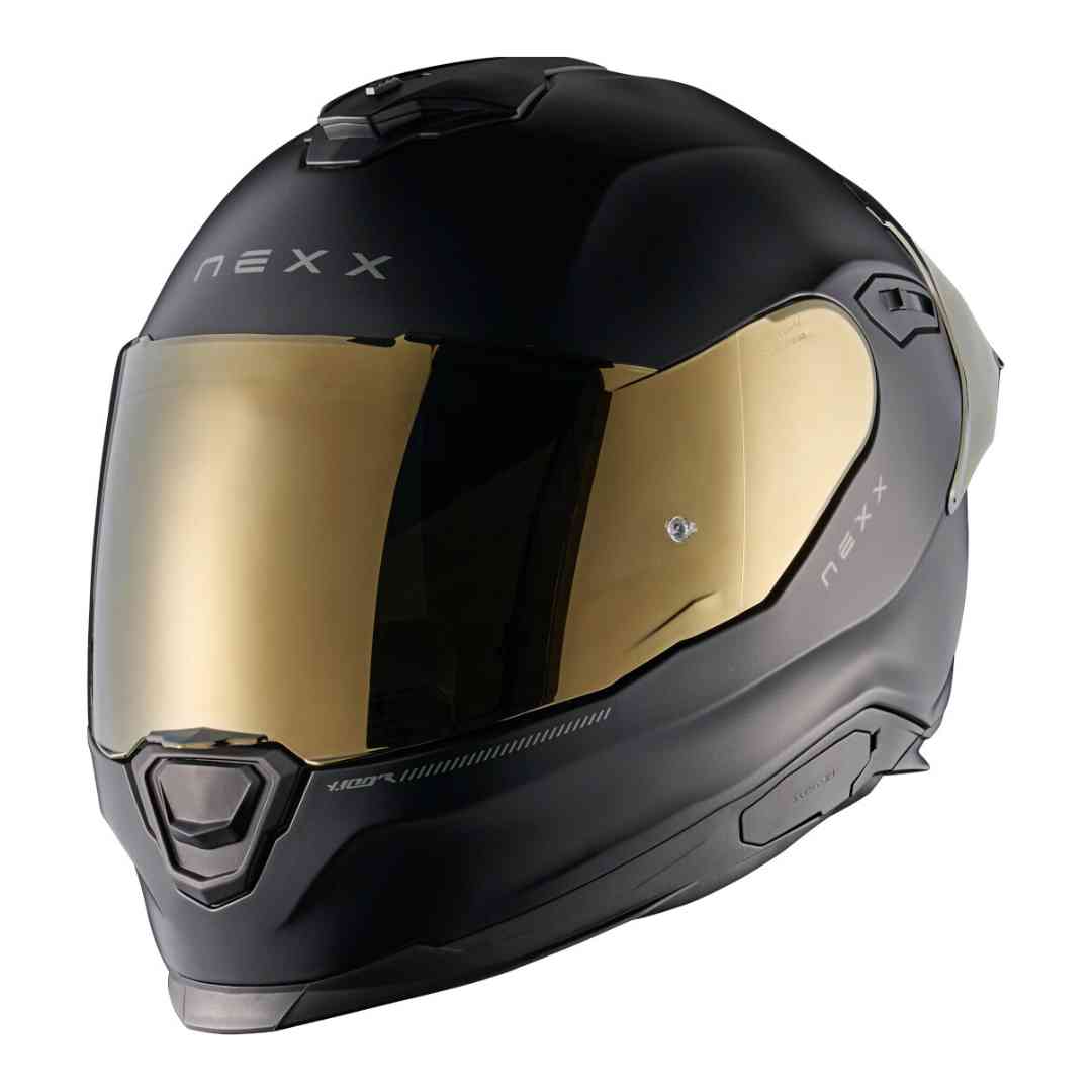 Nexx Y.100 integralna motoristična čelada mat črna z zlatim vizirjem – stranski pogled