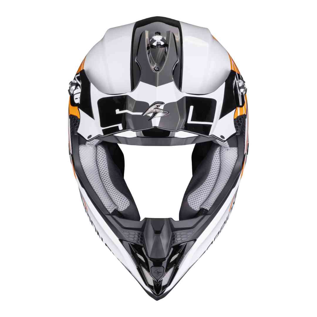 Scorpion VX-16 Evo Air Lignes kros čelada pogled spredaj z velikim odprtim vizirjem