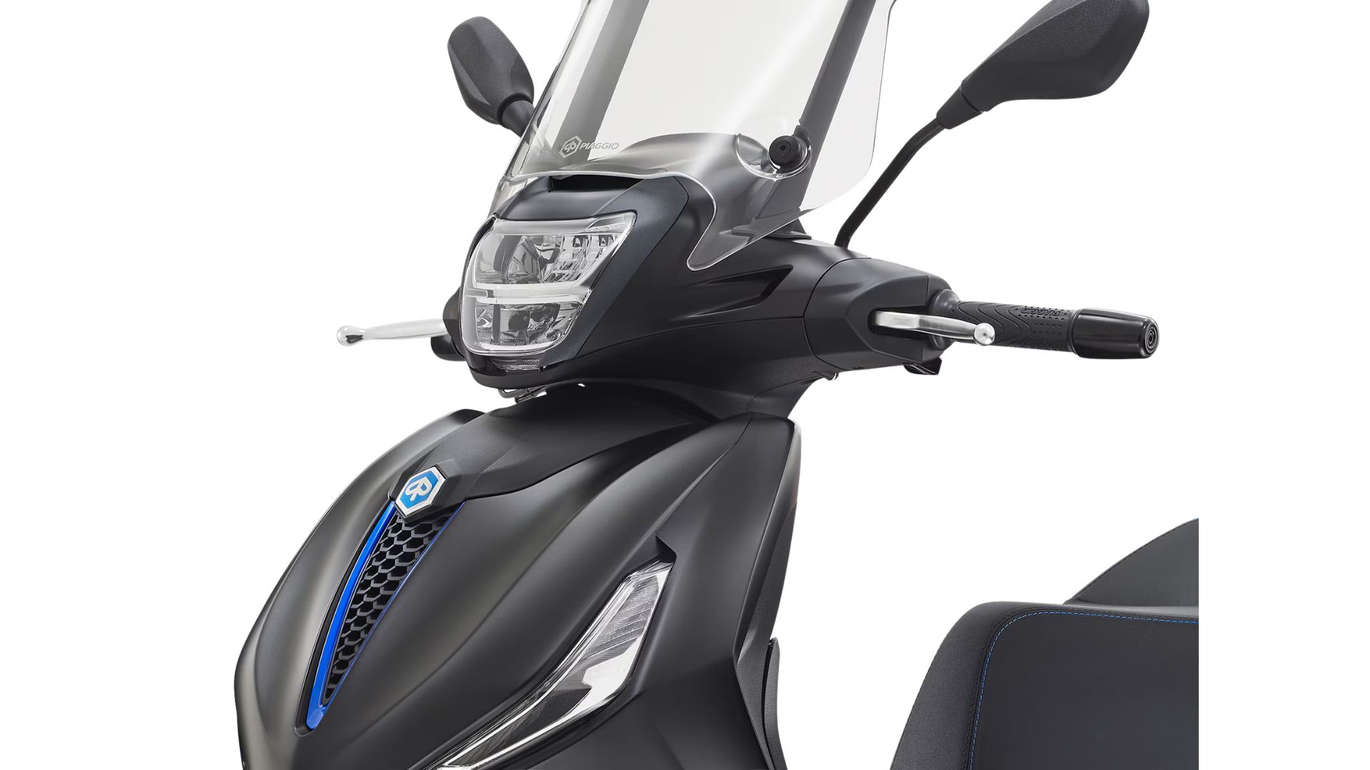 Sprednji del skuterja Piaggio Beverly S 400 z LED osvetlitvijo in športnimi modrimi poudarki
