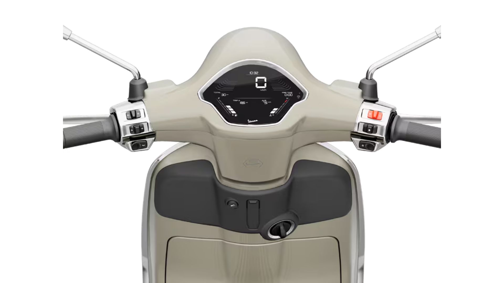 Sprednji pogled na Vespa Primavera 50 z značilnim Vespa slogom