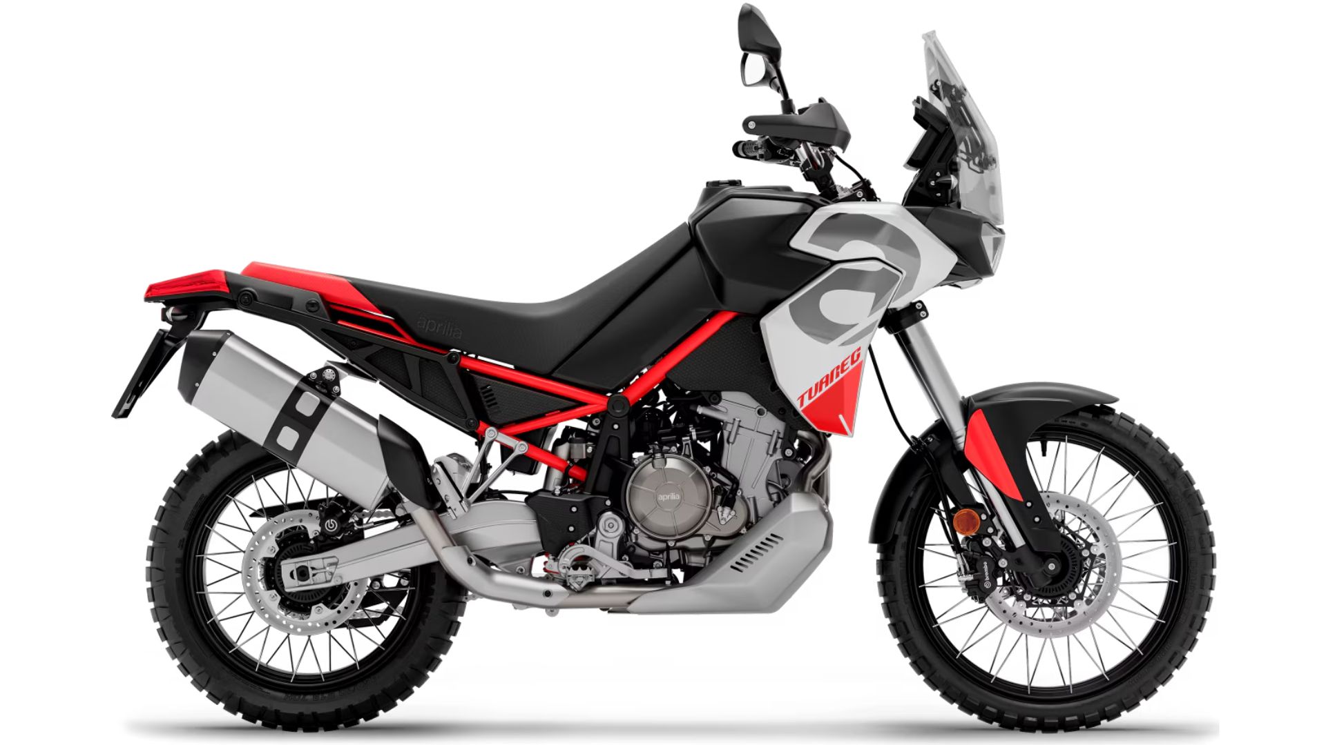 Sprednji pogled na vilice motocikla Aprilia Tuareg 660 z vzmetenjem z dolgim hodom in grobo terensko pnevmatiko.