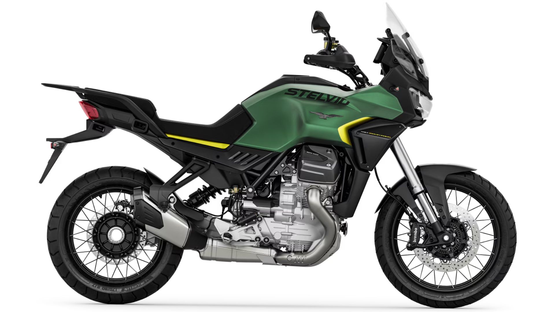 Moto Guzzi Stelvio pogled z leve strani v zeleni barvi