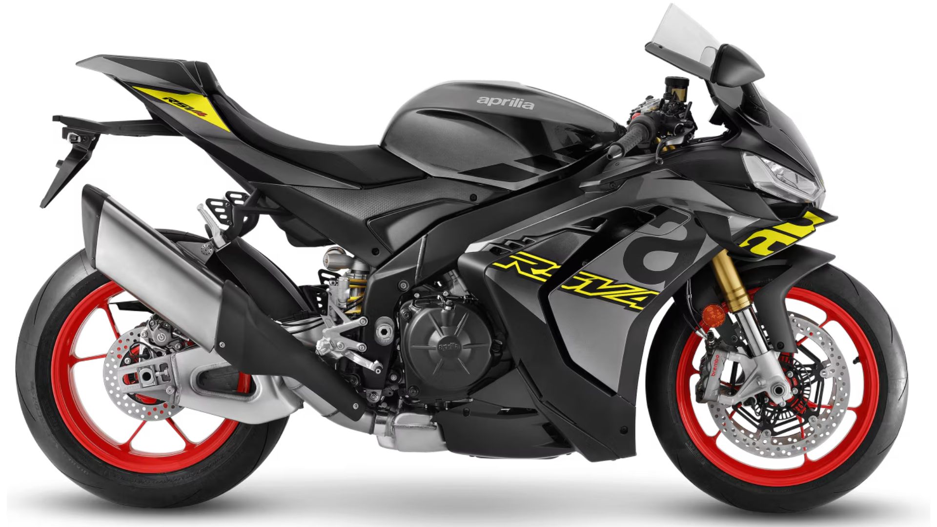 Aprilia RSV4 , pogled s strani, športni motor s poudarjenimi rdečimi platišči in agresivno obliko.