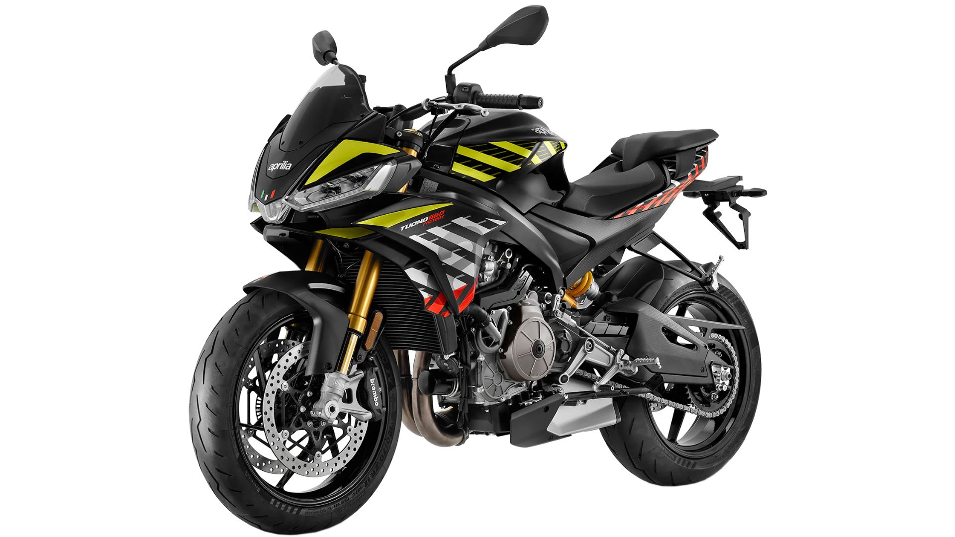 Aprilia Tuono 660 Factory (35 kW) – prednji desni pogled s Öhlins ovjesom i sportskim dizajnom