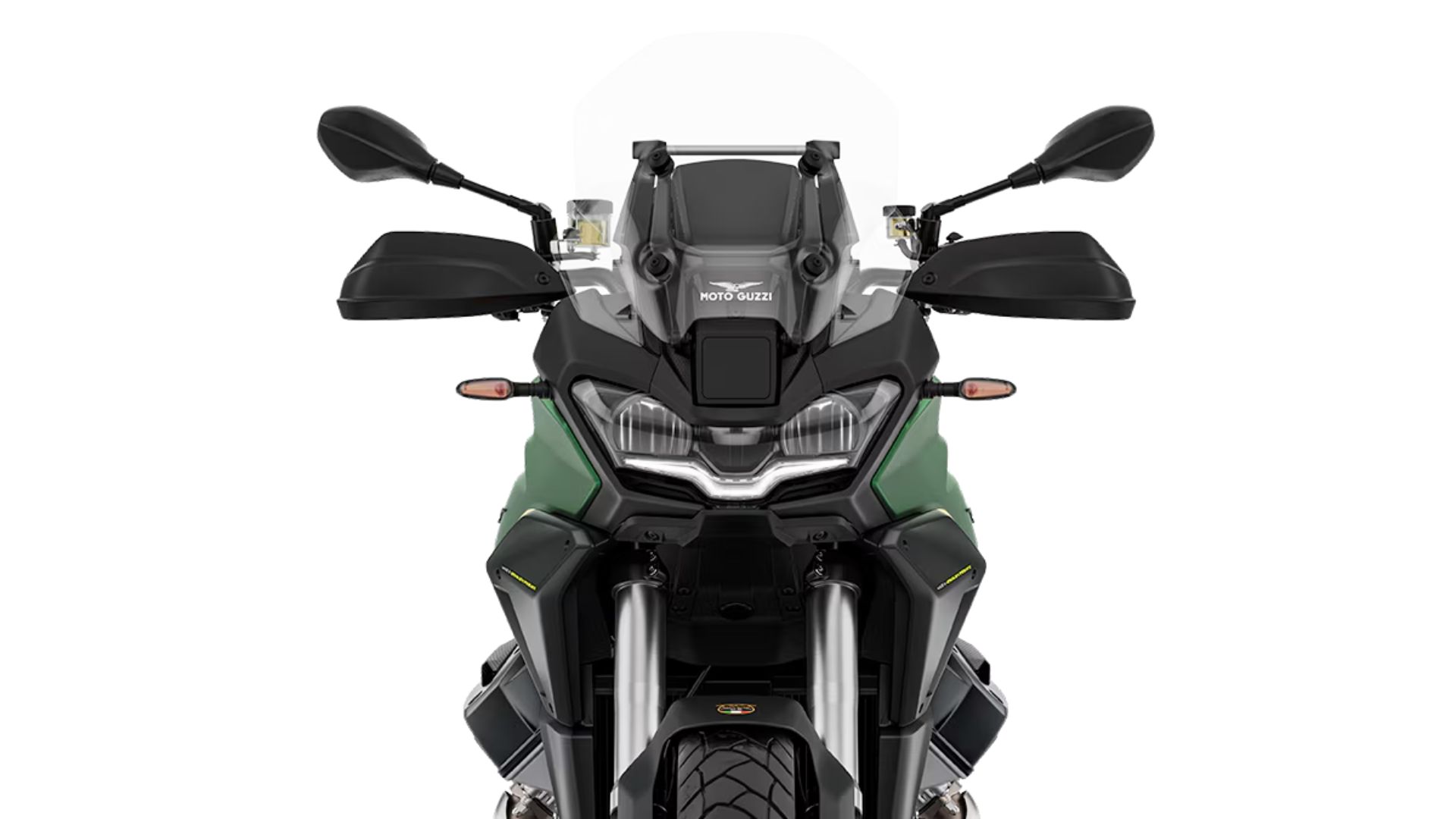 Sprednji pogled na Moto Guzzi Stelvio z LED žarometom in vetrobranskim steklom
