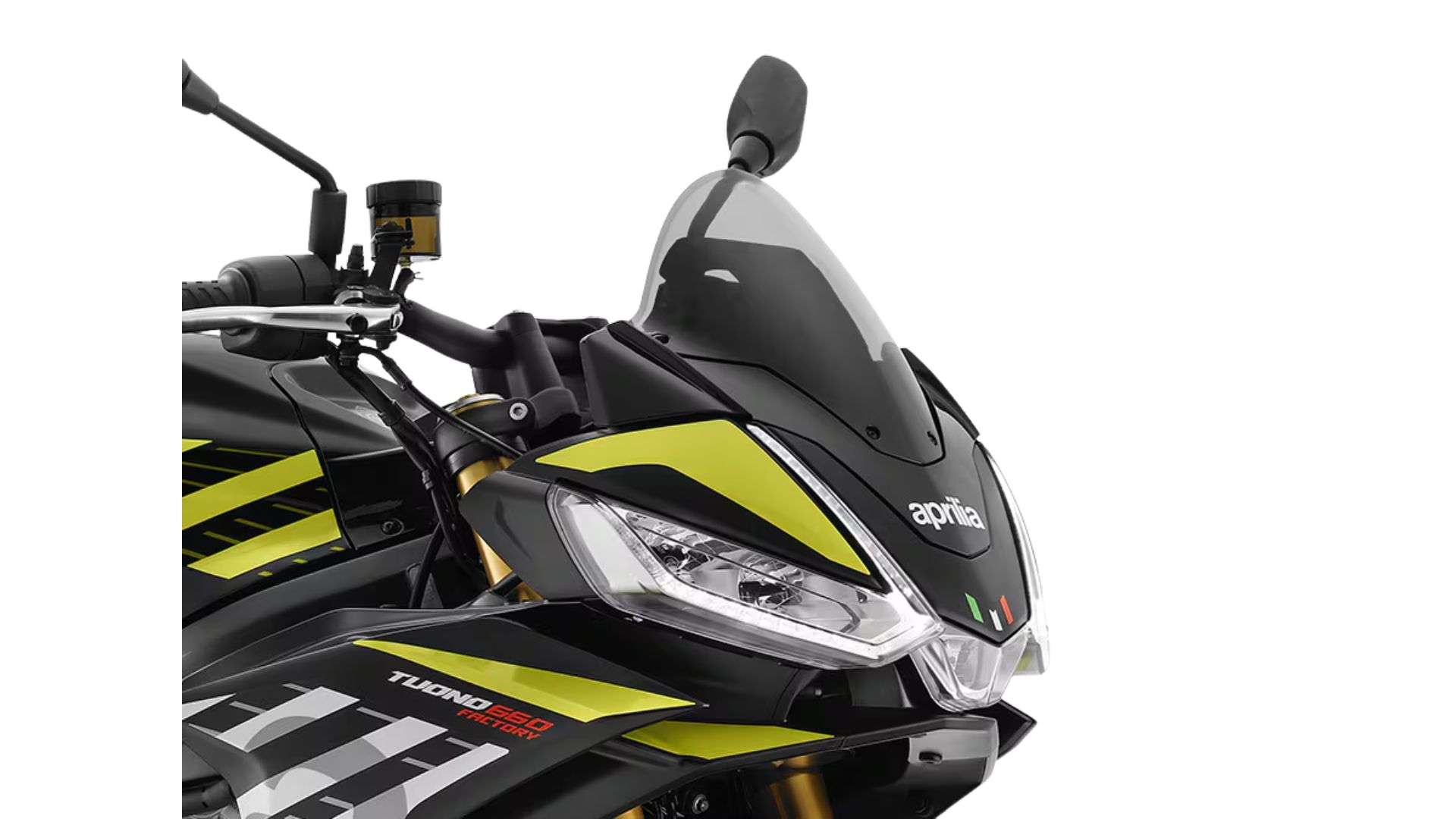 Aprilia Tuono 660 Factory (35 kW) – detalj prednjeg LED svjetla i vjetrobrana