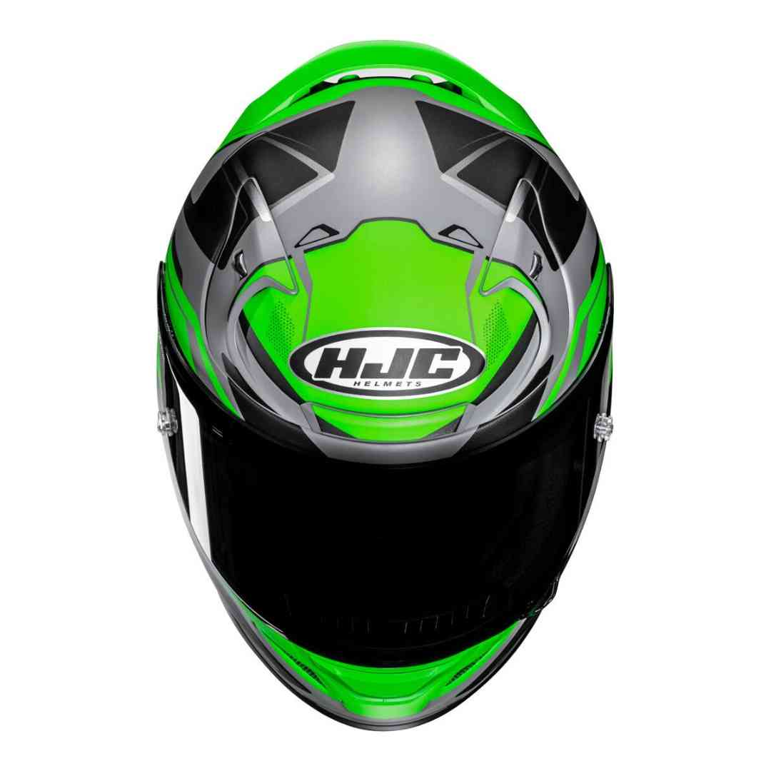 HJC RPHA 12 Brels integralna motoristična čelada v sivo-zeleni grafiki – pogled od spredaj.