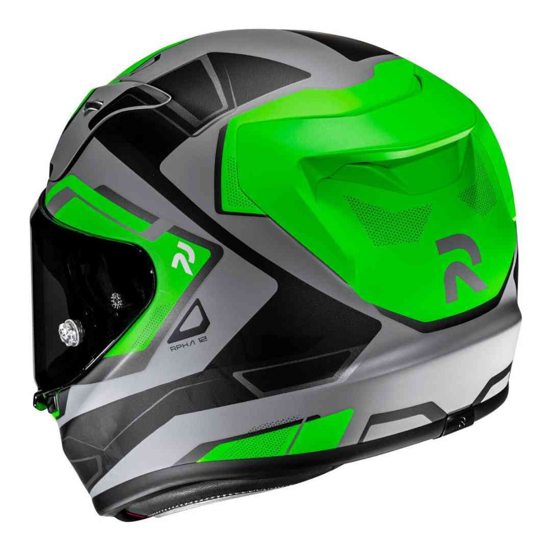 HJC RPHA 12 Brels integralna motoristična čelada v sivo-zeleni grafiki – pogled zadaj desno.