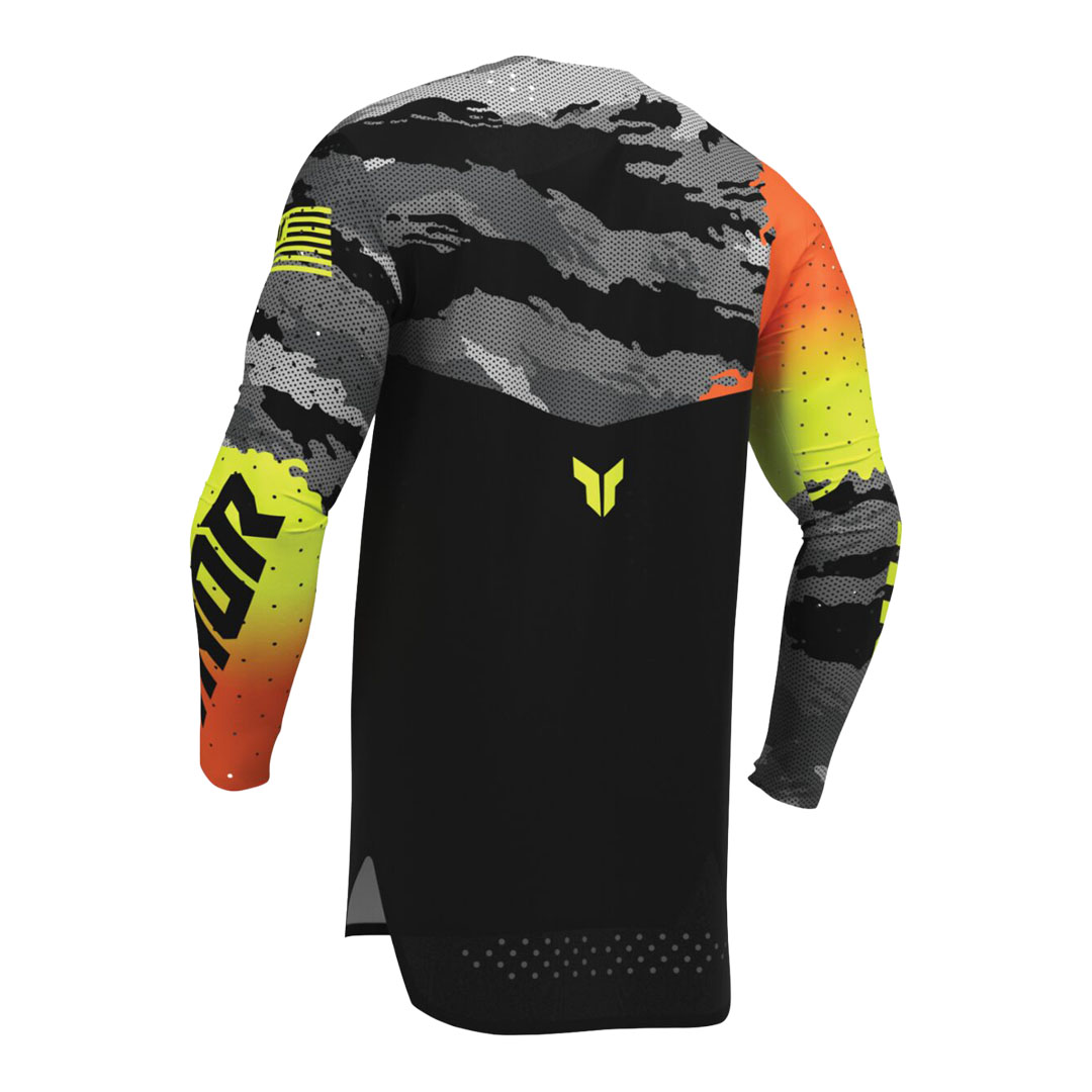 Kros majica Thor Sportmode Recon LE, prikazana z zadnje strani pod kotom, s črno-sivim vzorcem, kontrastnimi rokavi in rumenim logotipom na sredini hrbta.