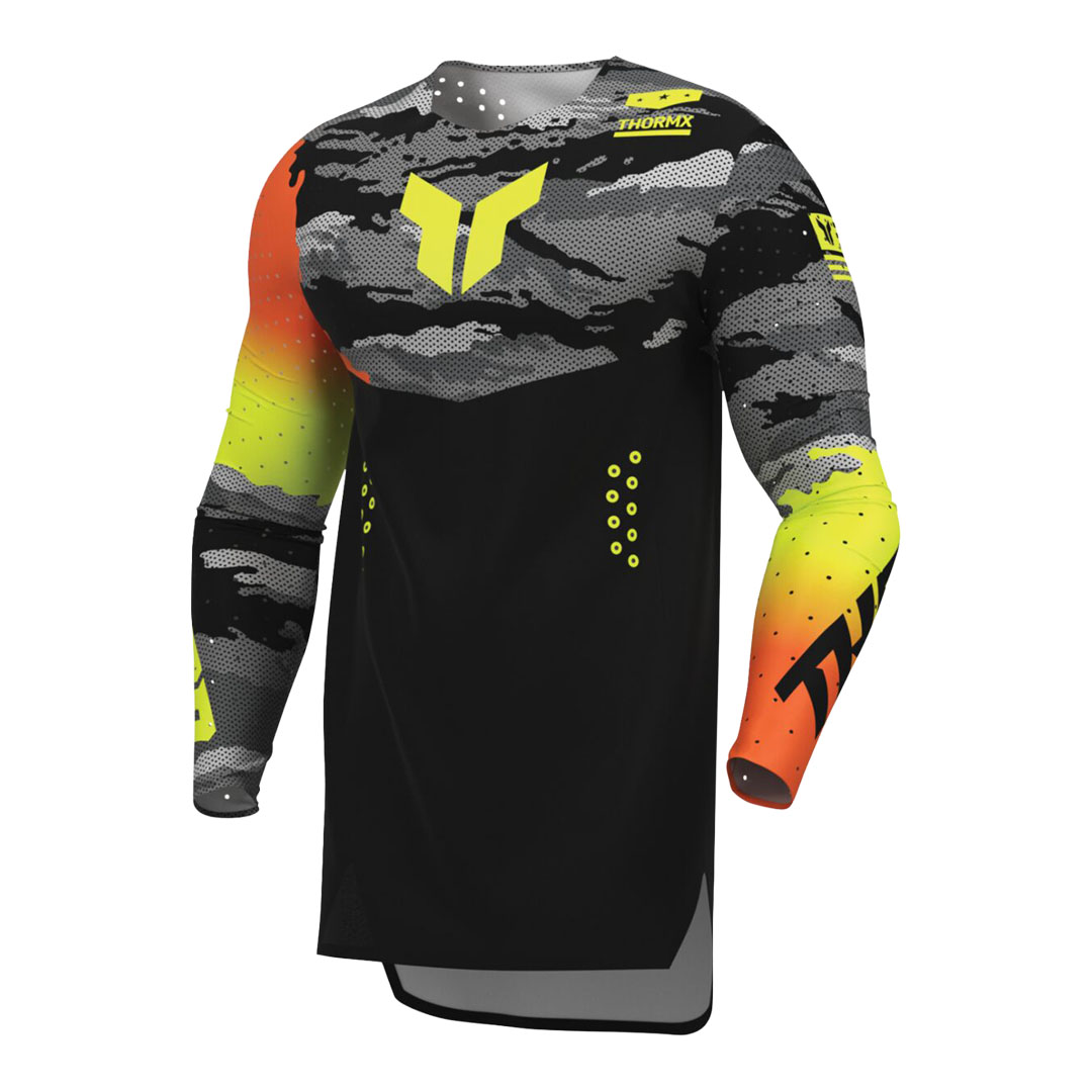 Kros majica Thor Sportmode Recon LE, prikazana z zadnje strani, v črno-sivem vzorcu z oranžno-neonsko rumenimi rokavi in rumenim logotipom na hrbtu.