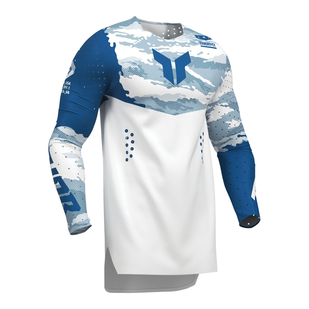 Kros majica Thor Sportmode Recon LE, prikazana z zadnje strani, z dolgimi modro-belimi rokavi, grafičnim vzorcem in modrim logotipom na sredini hrbta.