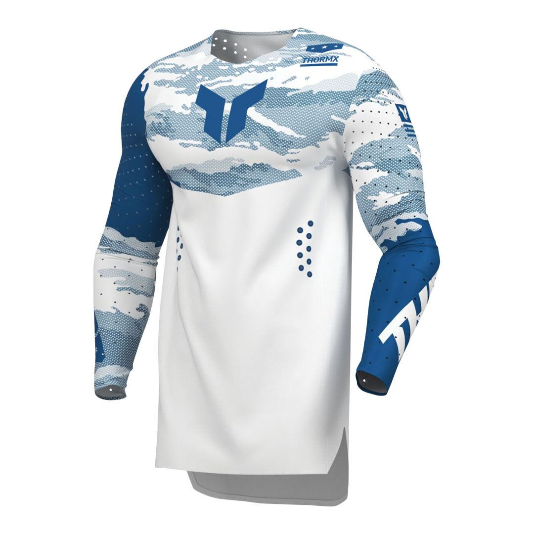 Kros majica Thor Sportmode Recon LE, prikazana z zadnje strani, v beli in modri barvni kombinaciji z grafičnim vzorcem ter modrim logotipom na hrbtu.