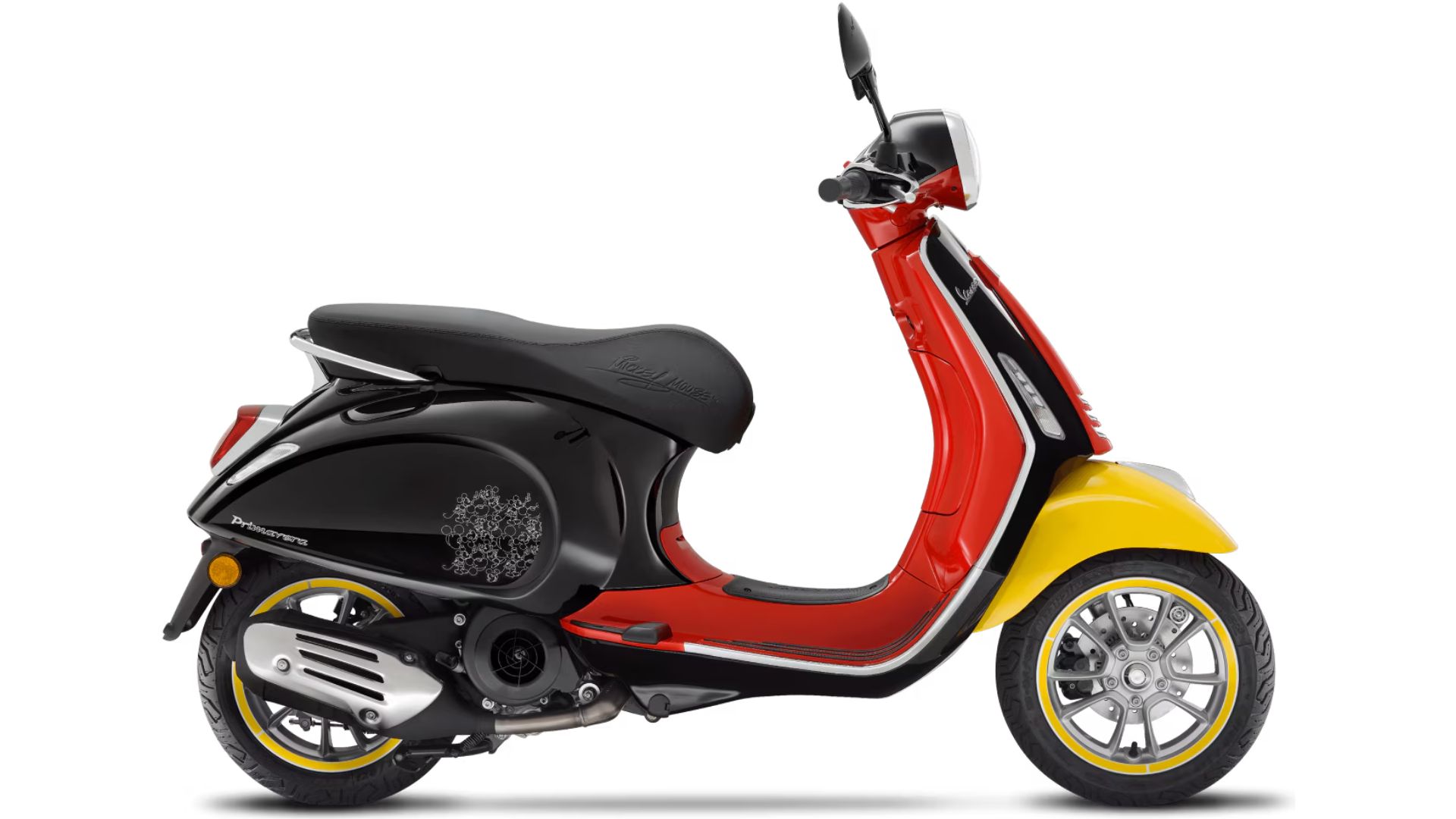 Celoten skuter s strani: Vespa Primavera 50 Disney Mickey Mouse Edition s strani z rumenimi platišči