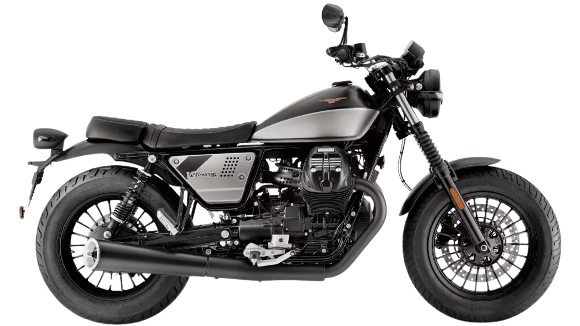 Pogled s strani: Moto Guzzi V9 Bobber Special Edition v črno-sivi izvedbi Workshop Twin Tone