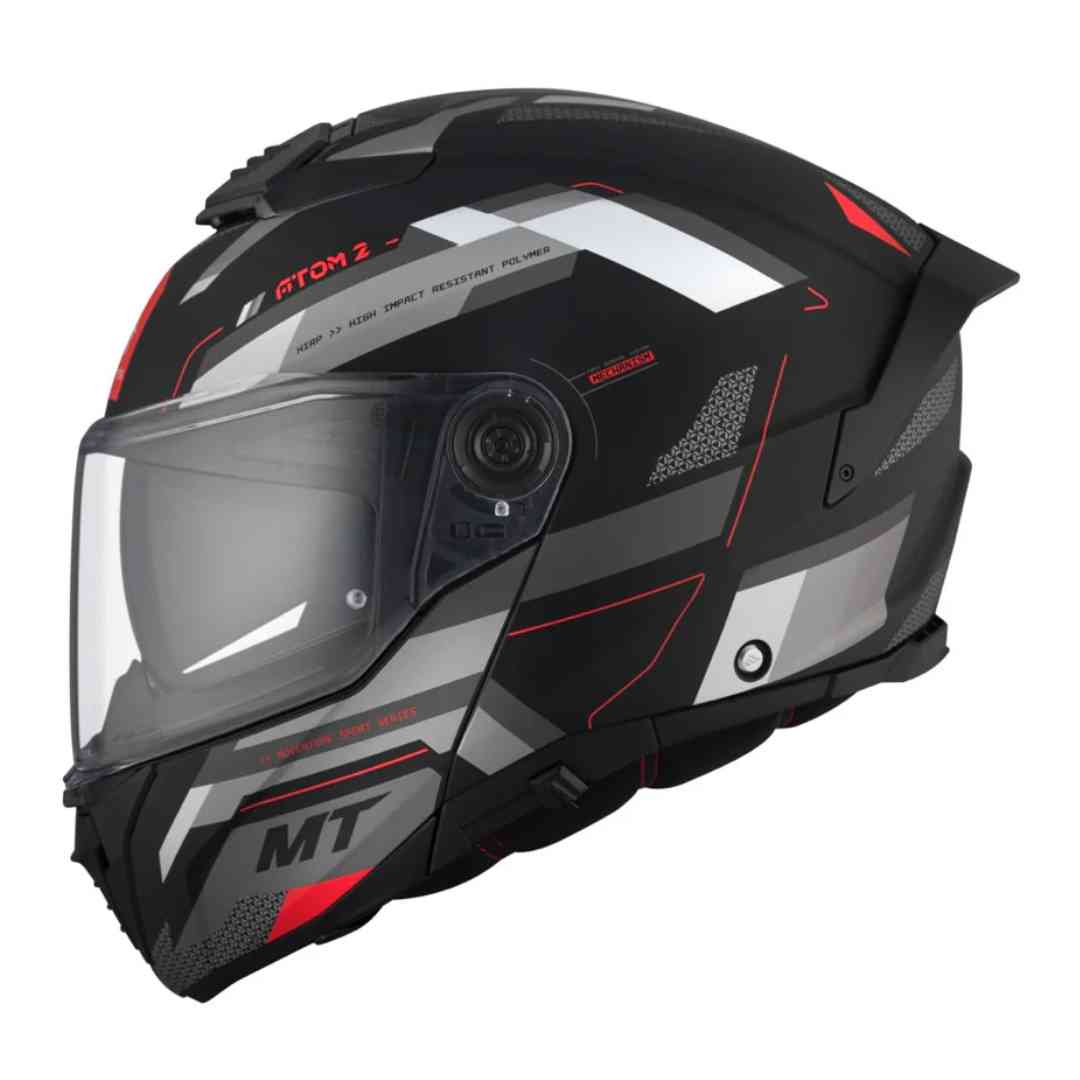 MT Helmets Atom 2 SV BAST D5 črno sivo rdeča preklopna čelada – pogled s strani