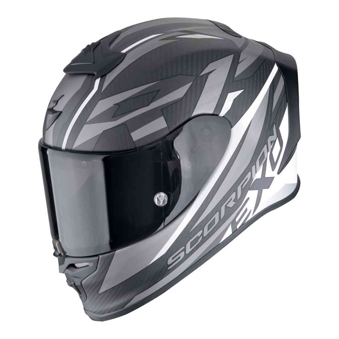 Scorpion EXO R1 Evo Carbon Air Runner – prednji pogled u mat crno bijeloj boji