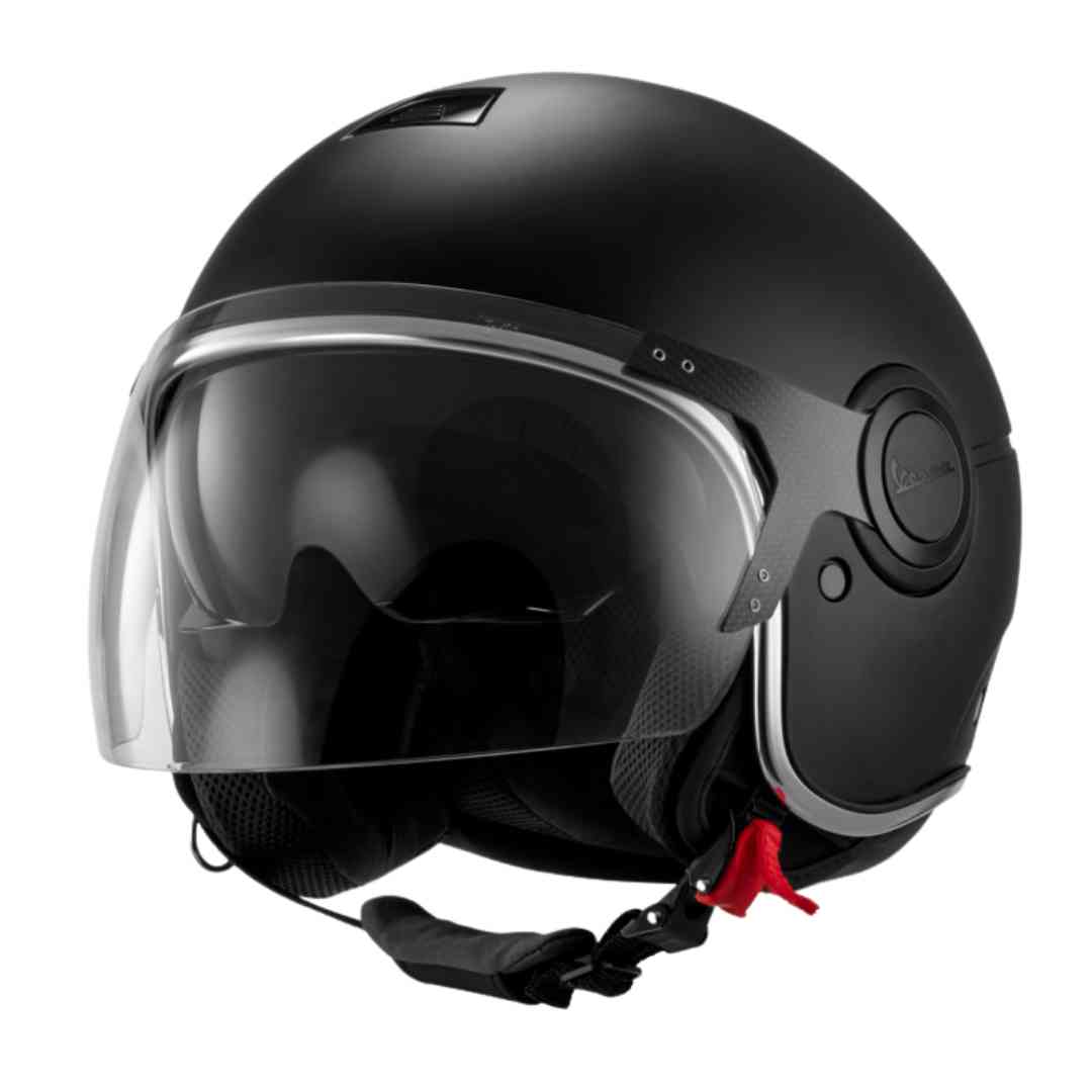 Prednji pogled na crnu jet kacigu Vespa Argentario