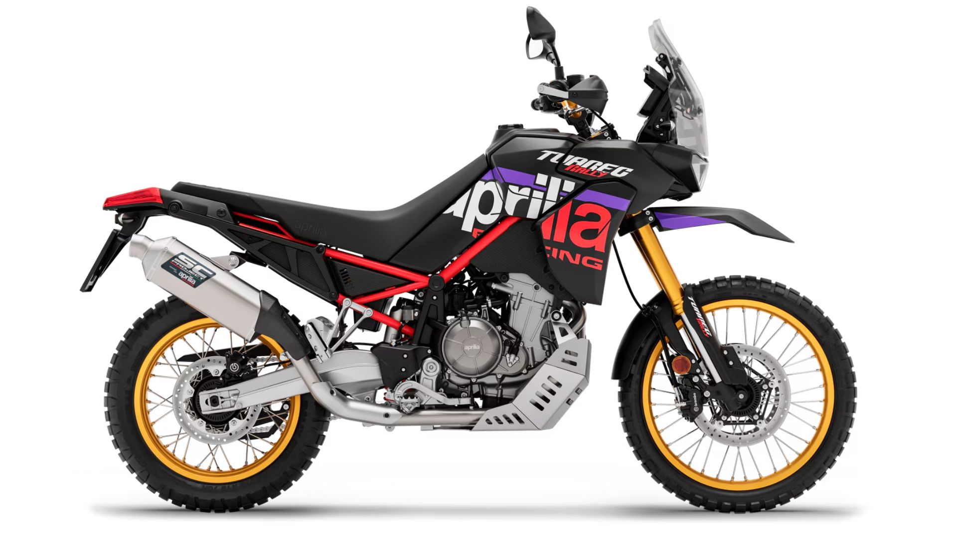 Aprilia Tuareg Rally 660 – bočni profil motocikla z zlato eloksiranimi platišči in titanovim izpuhom SC-Project