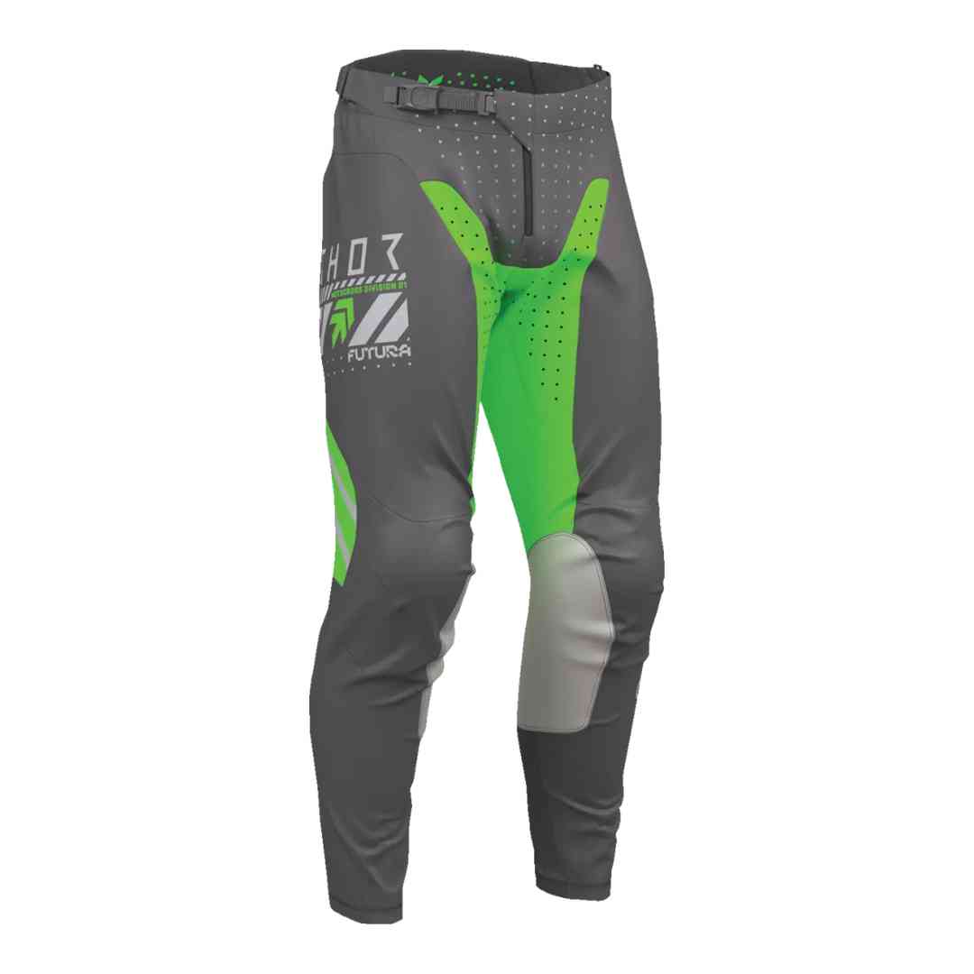 Sivo-zelene motocross hlače Thor Launchmode Futura – prednji pogled