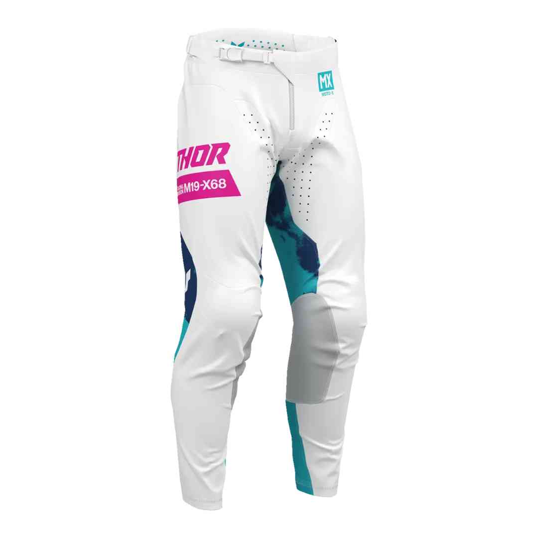 Bijele-plave motocross hlače Thor Launchmode Bleach – prednji pogled