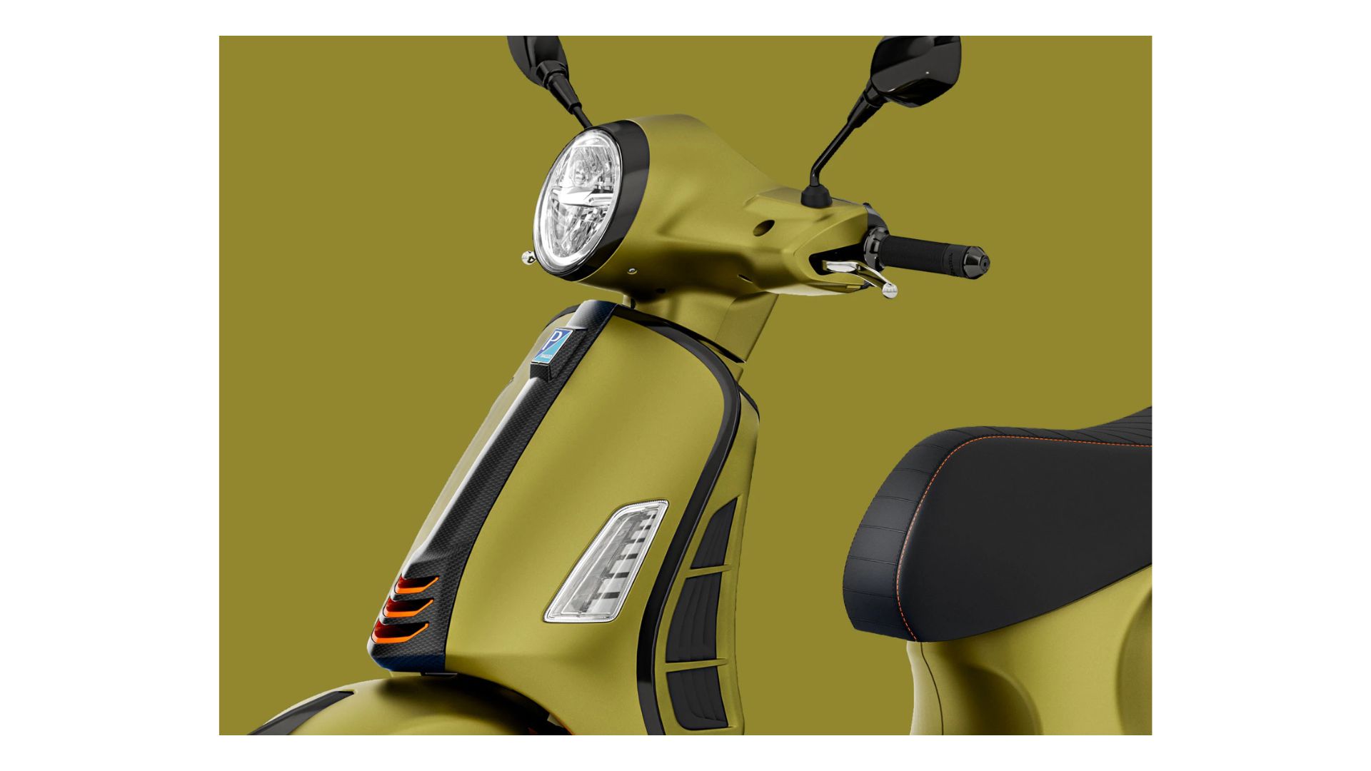 A close-up of the Vespa scooter's front area, focusing on the handlebar, headlight, and body design. The yellowish-green color with black and carbon fiber accents is noticeable. The sleek design features stylish LED lights and a modern dashboard symbolizing a mix of classic and contemporary elements.