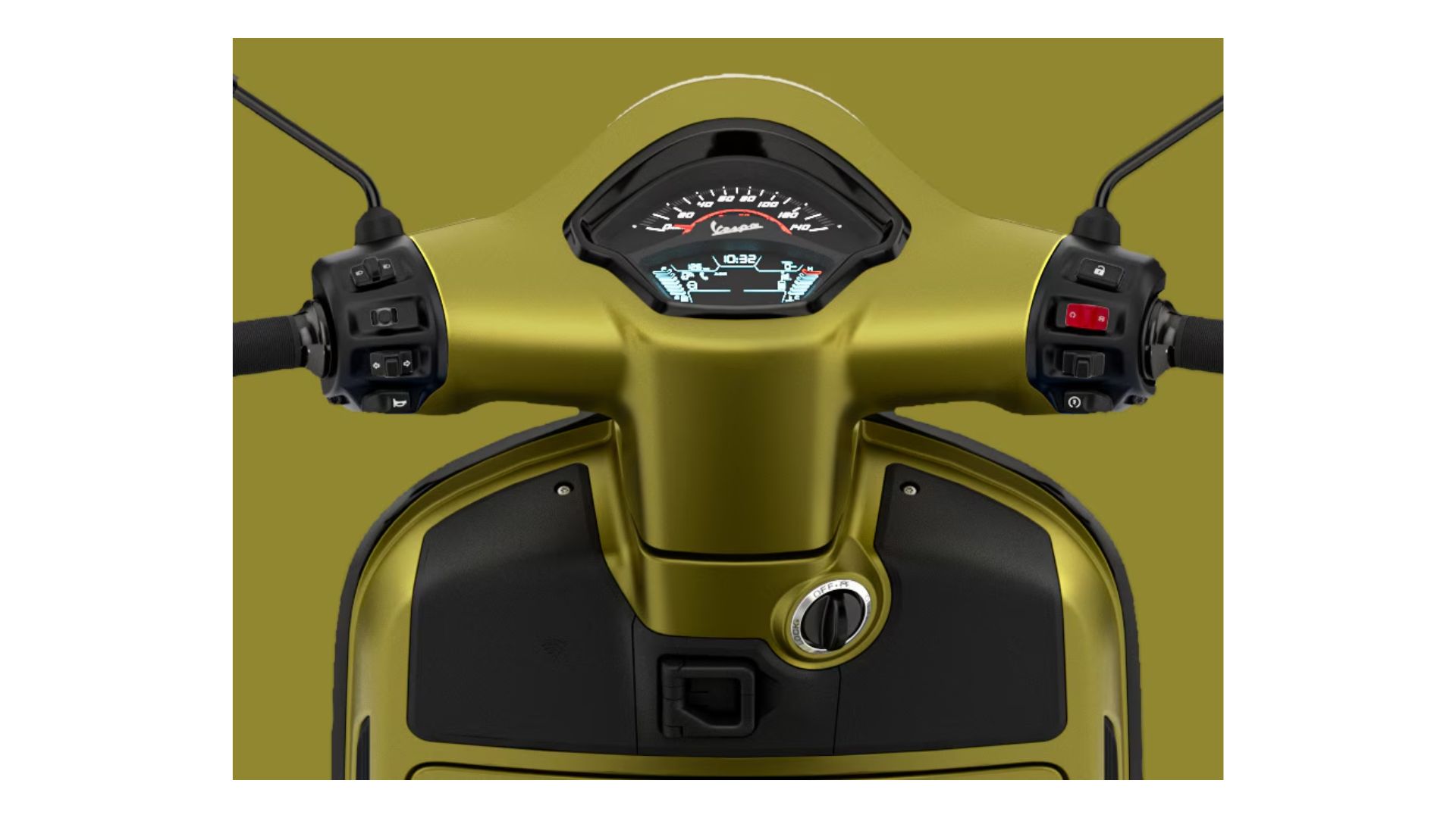 A close-up of the scooter’s digital dashboard and handlebar area. The detailed instruments are visible, showing the modern tech interface along with the classic Vespa design.
