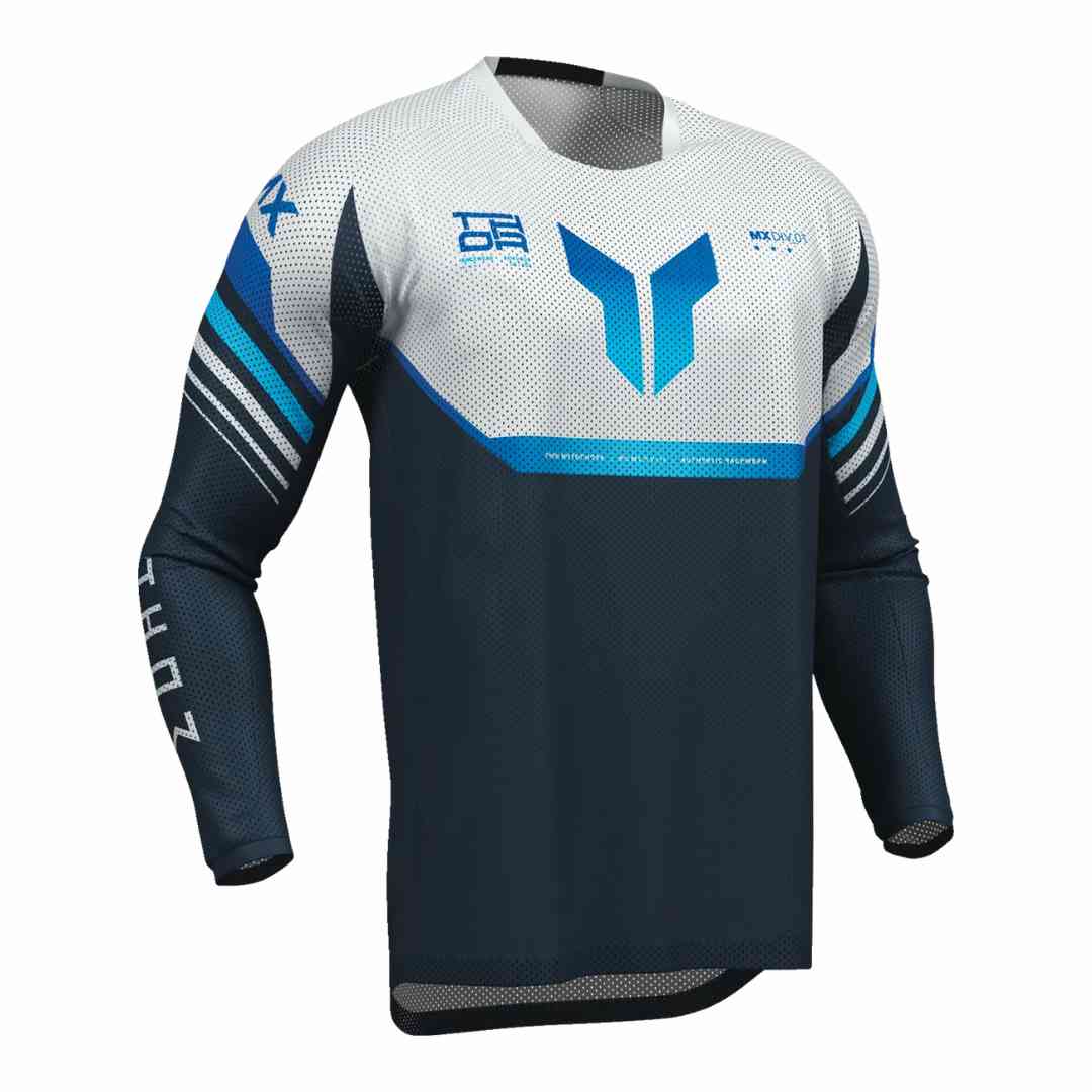 Motociklistički dres s dugim rukavima u plavo-bijeloj kombinaciji s logotipima Thor