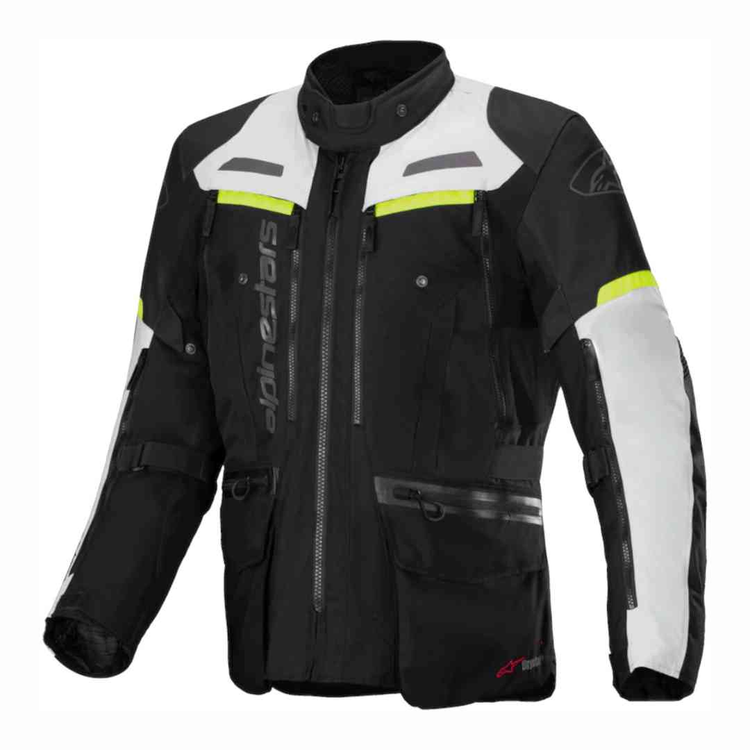 Alpinestars touring motociklistička jakna, crno-bijela sa žutim detaljima — prednji prikaz