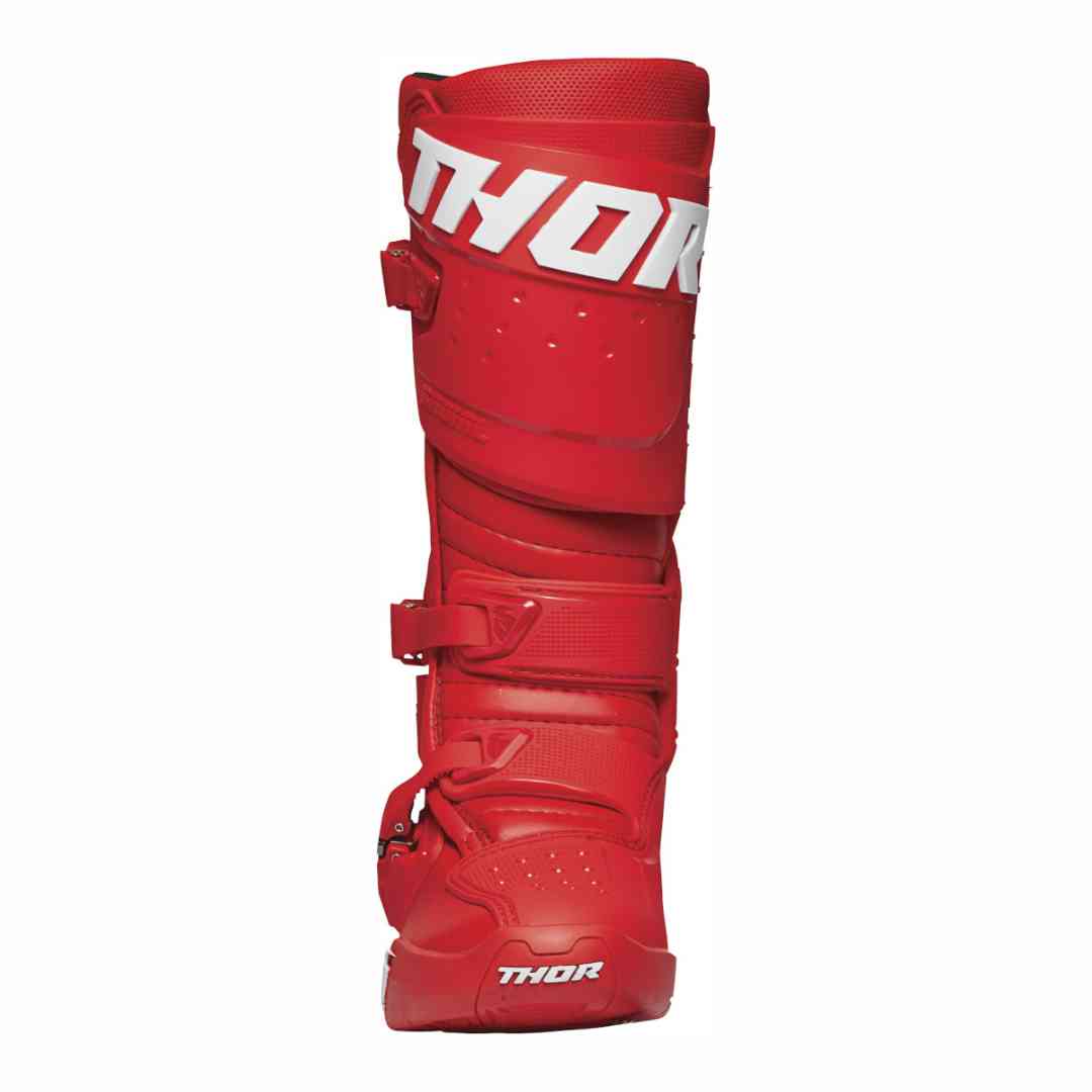 Motokros čizma Thor Radial crvena – prednji pogled s tri kopče i zaštitnim oklopom s THOR logotipom. Motokros čizma Thor Radial crvena – prednji pogled s tri kopče i zaštitnim oklopom s THOR logotipom.