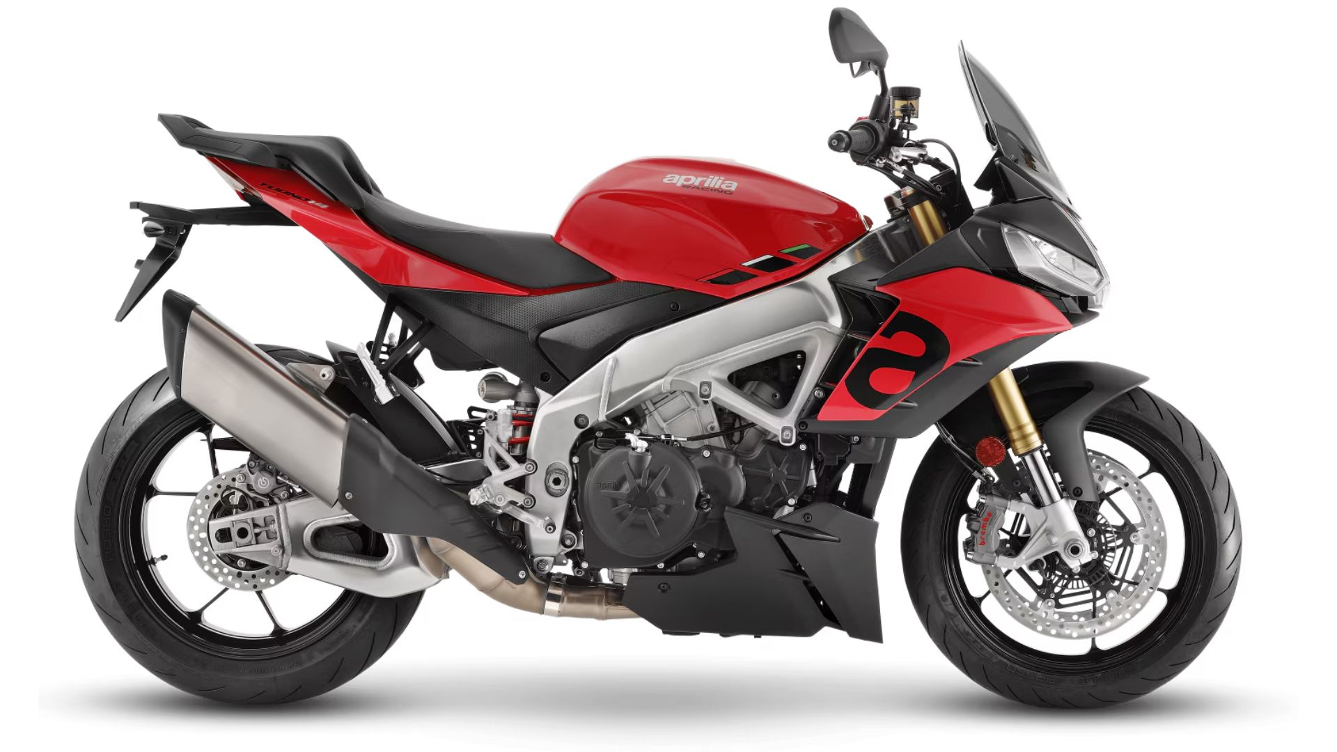 Aprilia Tuono V4 v rdeče-črni barvni kombinaciji, pogled s strani, goli športni motocikel z aluminijastim okvirjem.