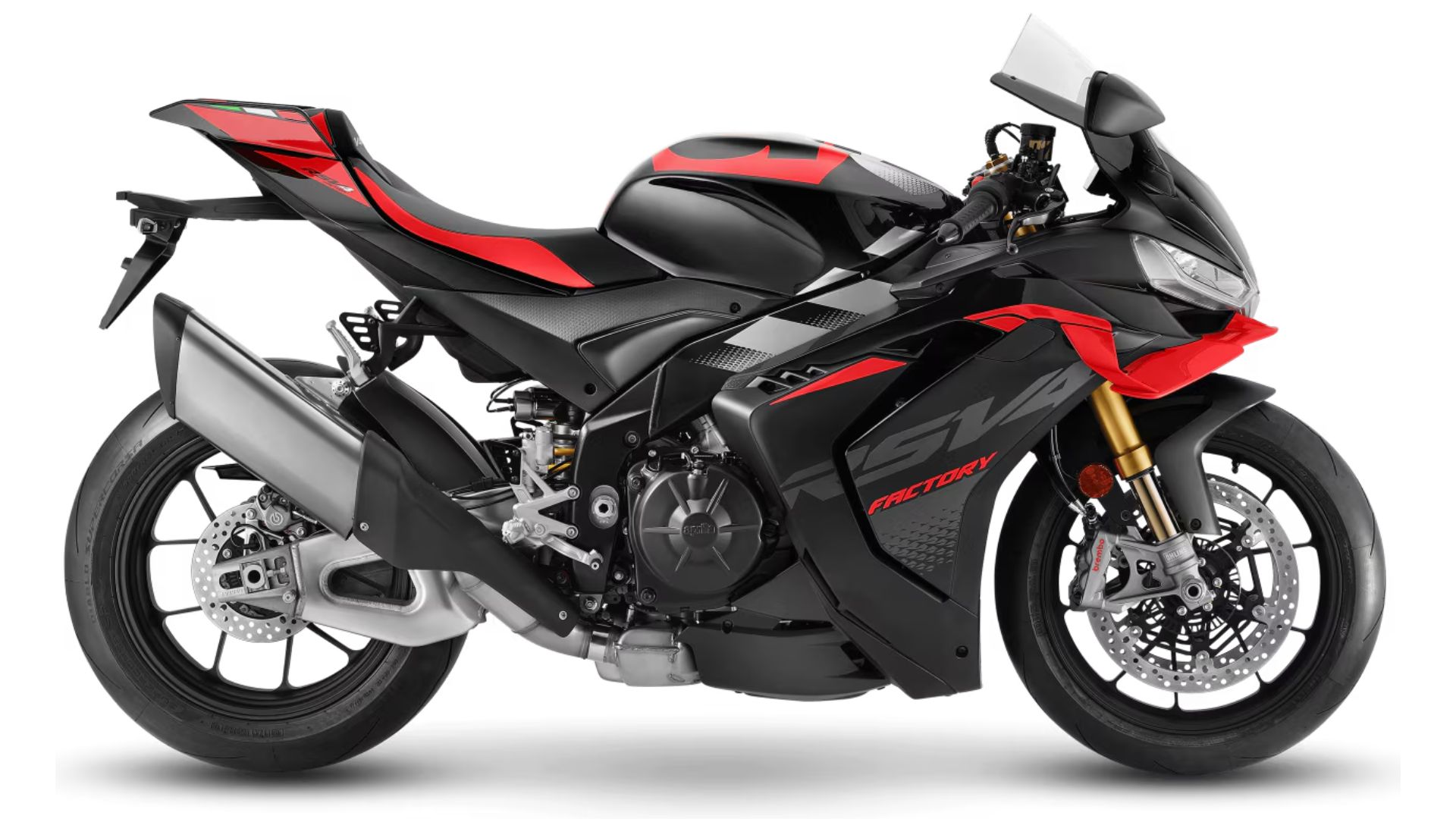 Aprilia RSV4 Factory v črno-rdeči barvni kombinaciji, pogled s strani, športni motor z oznako Factory in zlatimi vilicami.