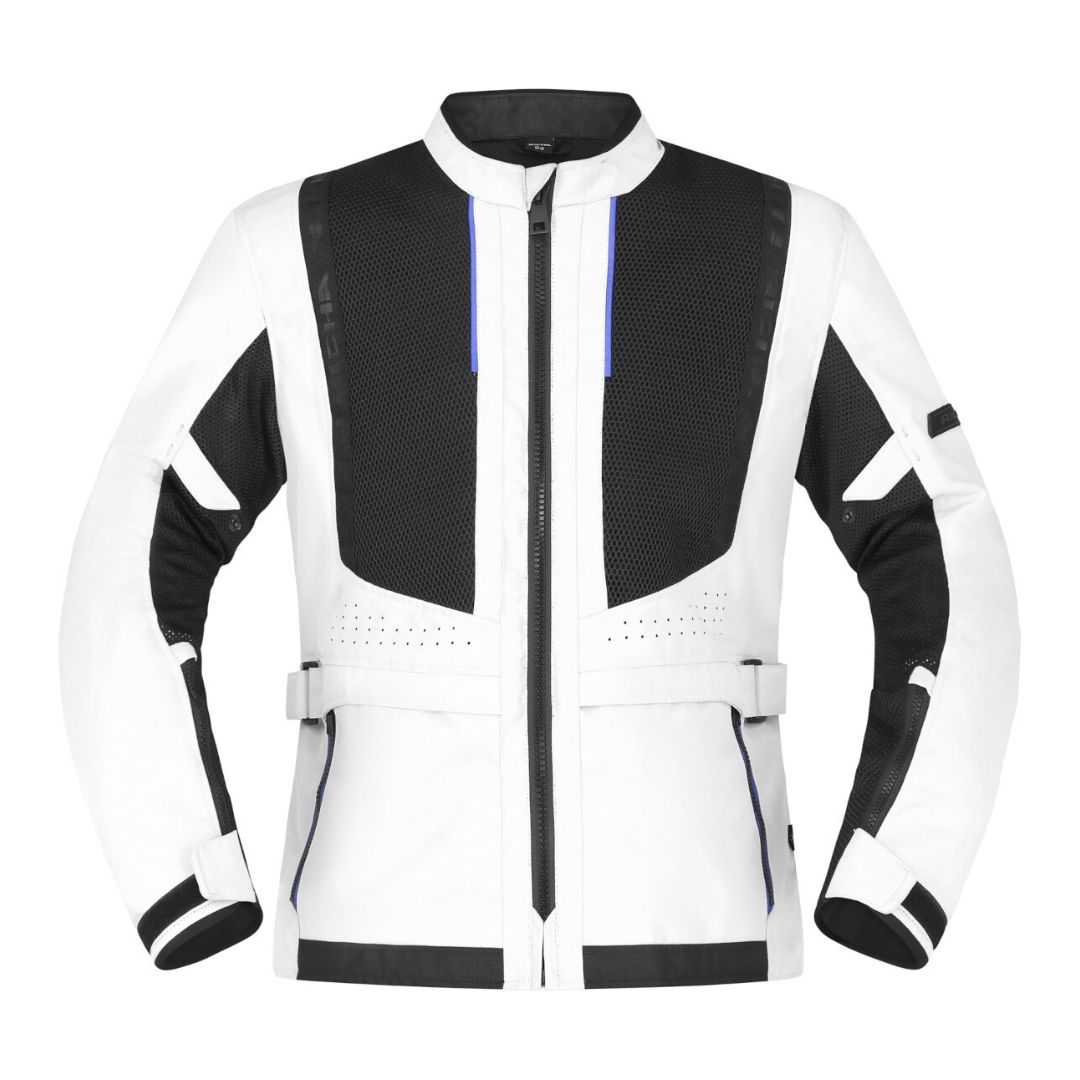 Sprednji pogled na belo/črno mrežasto motoristično jakno Richa; velika zračna mreža, nastavljivi pasovi in žepi.