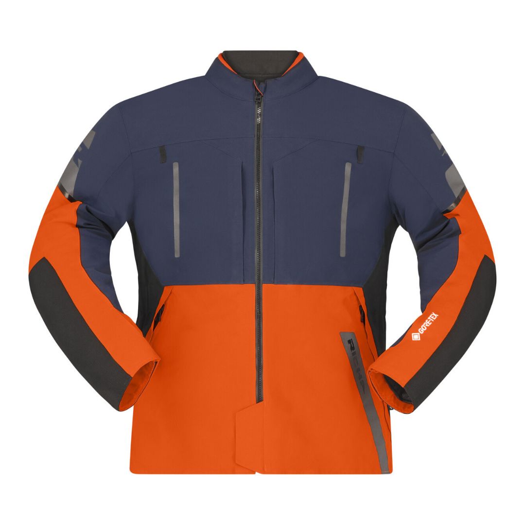 Motoristična jakna Gore-Tex modro-oranžna – sprednji pogled z zapiranjem na zadrgo