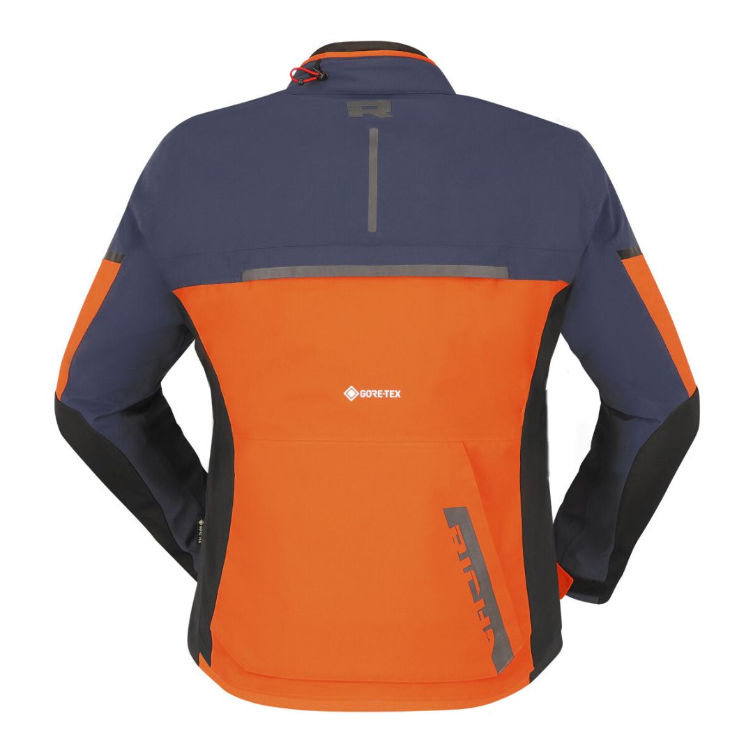 Motoristična jakna Gore-Tex modro-oranžna – zadnji pogled z odsevnimi elementi