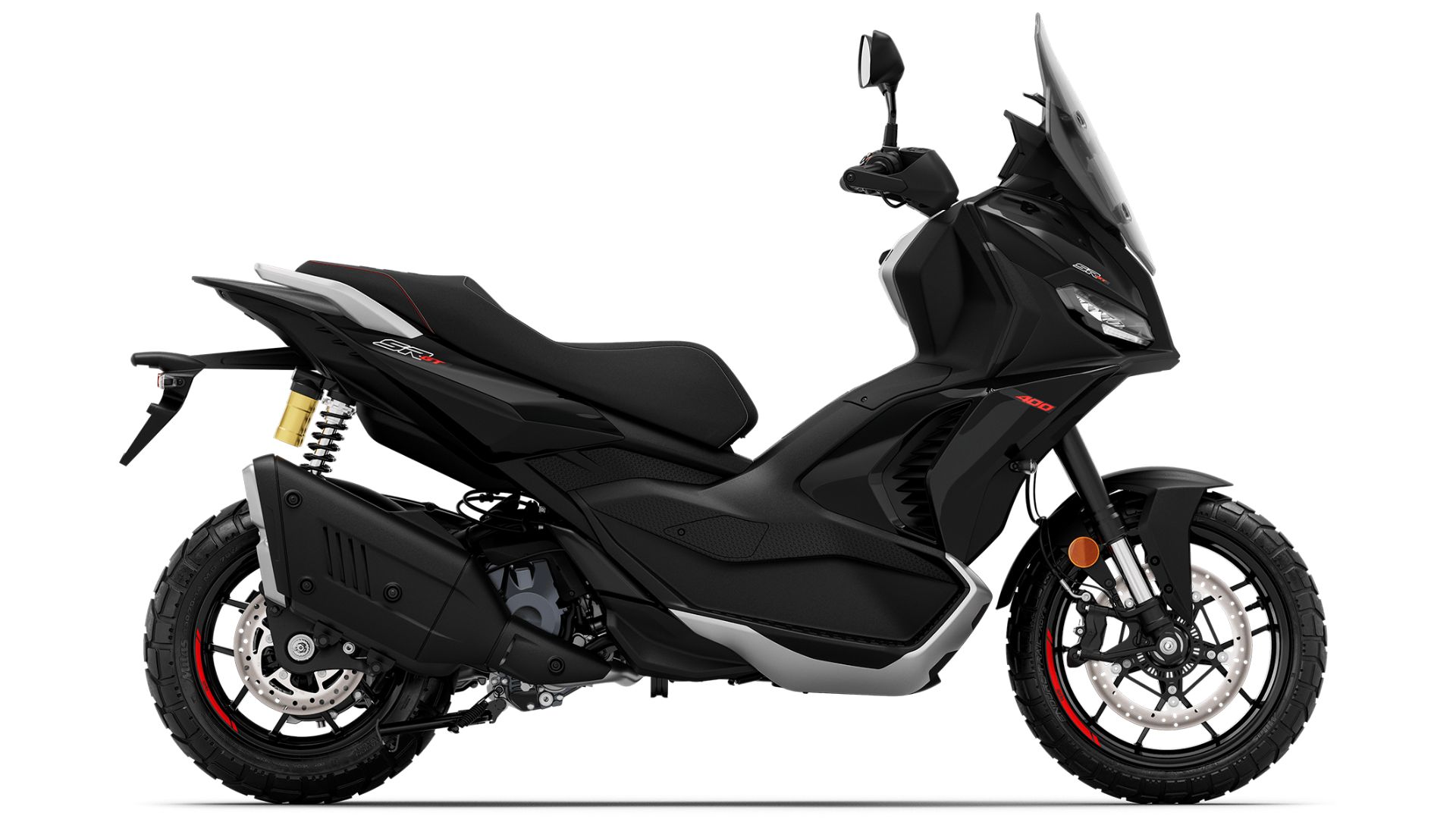 Aprilia SR GT 400 – bočni pogled skuterja v črni barvni izvedbi