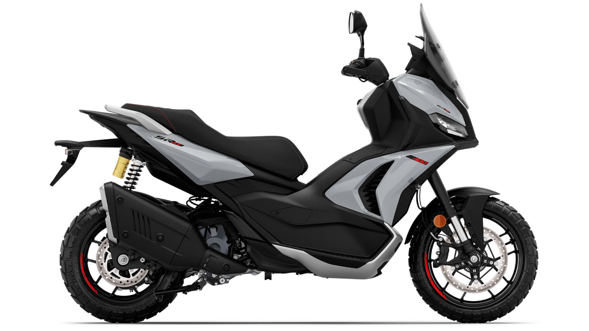 Aprilia SR GT 400 – bočni pogled skuterja v svetlo sivi barvni izvedbi